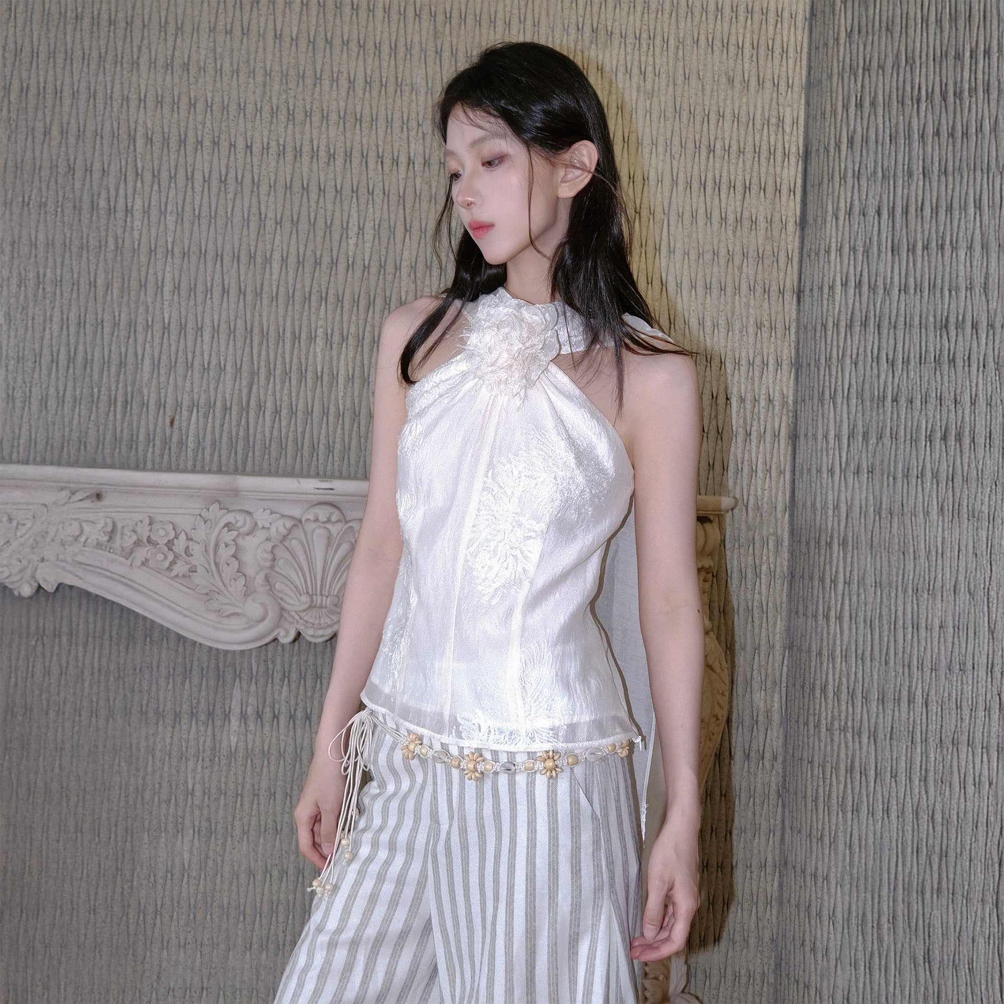 WHYNOTDANCE Floral Brooch Embroidered Halter Top