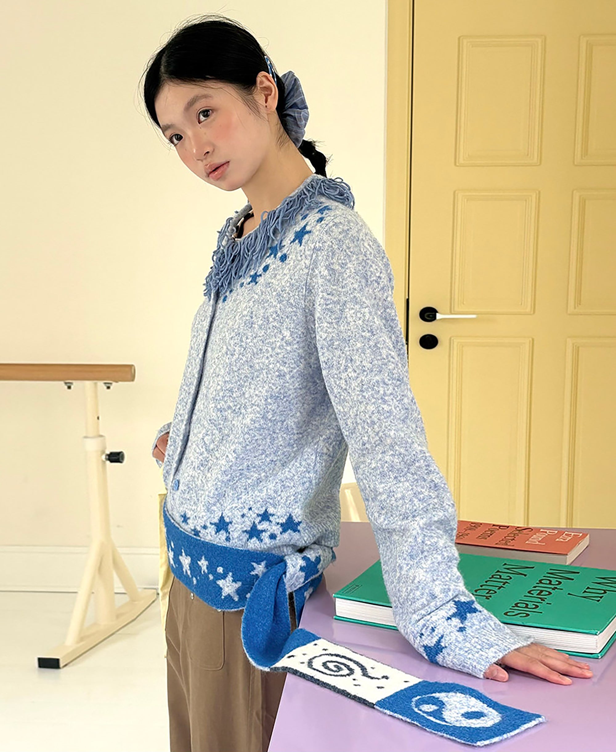 UNSOCIAL NIGHT Fringed Collar Star Jacquard Knit Cardigan