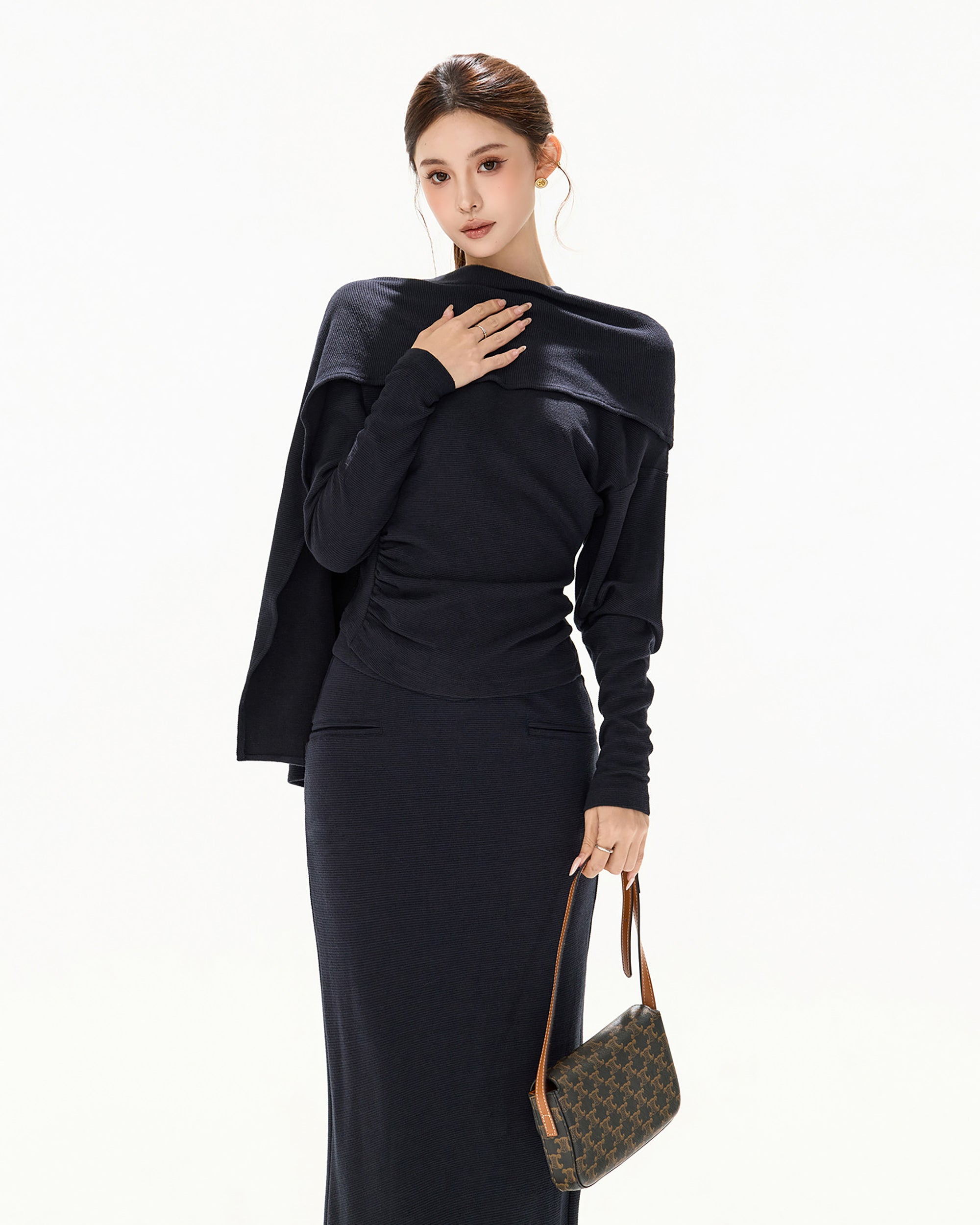 CYNR Ruched Waist Off-Shoulder Knit Set