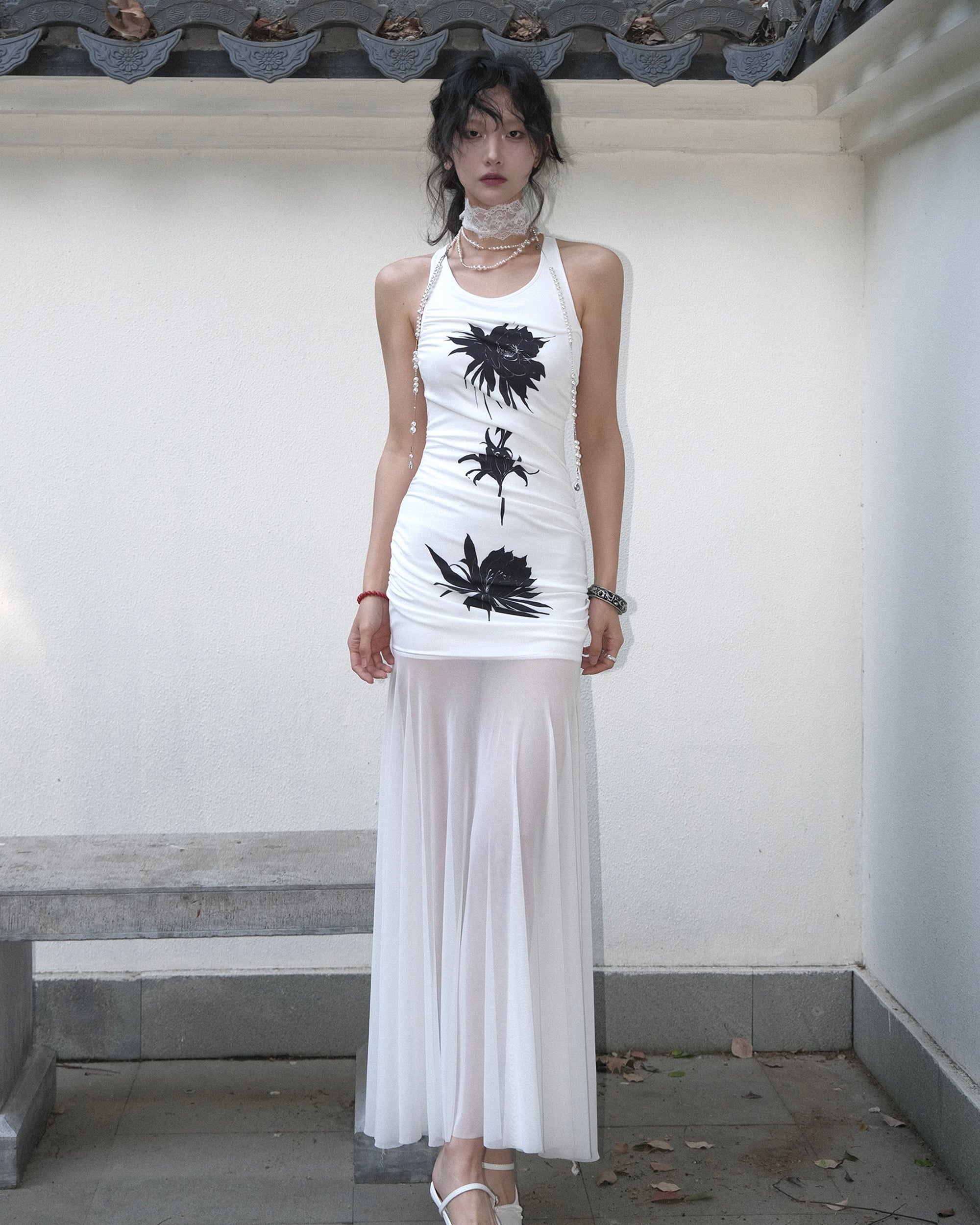 WHYNOTDANCE Zen Ruched Knit Mesh Maxi Dress