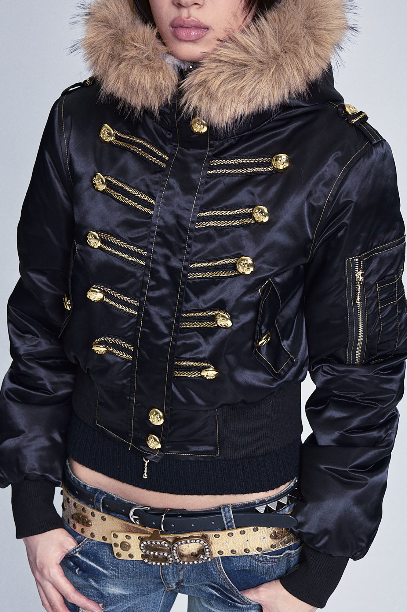 NONAME SPACE Retro Gold-Button Fur-Trim Bomber Jacket