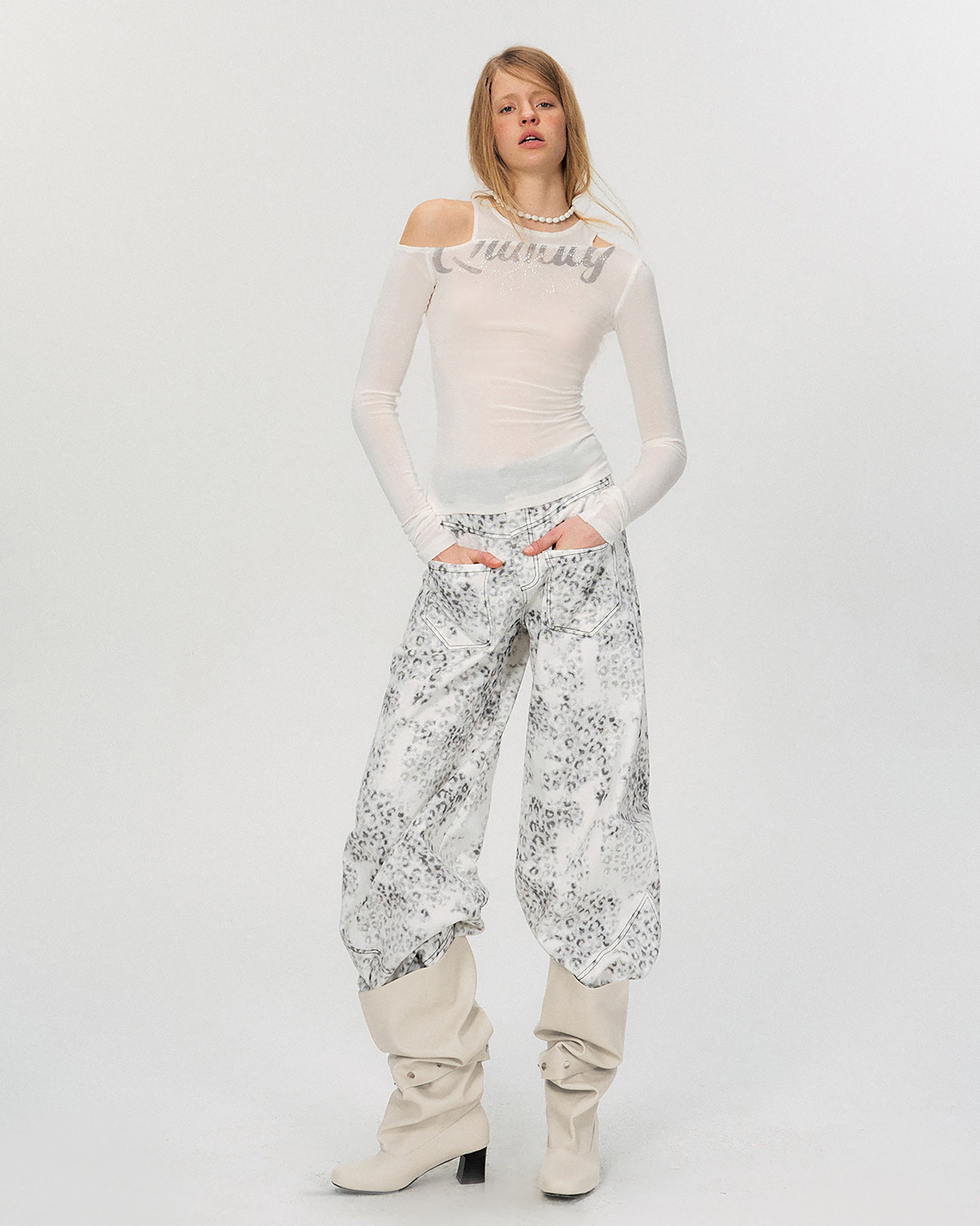 THE NEVERMORE Asym Neck Diamond Sheer Long-Sleeve Tee