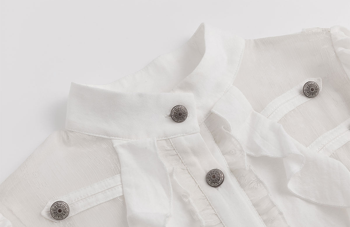 CESTNOUS Lace Ruffle Cinched-Waist Chiffon Spliced Shirt