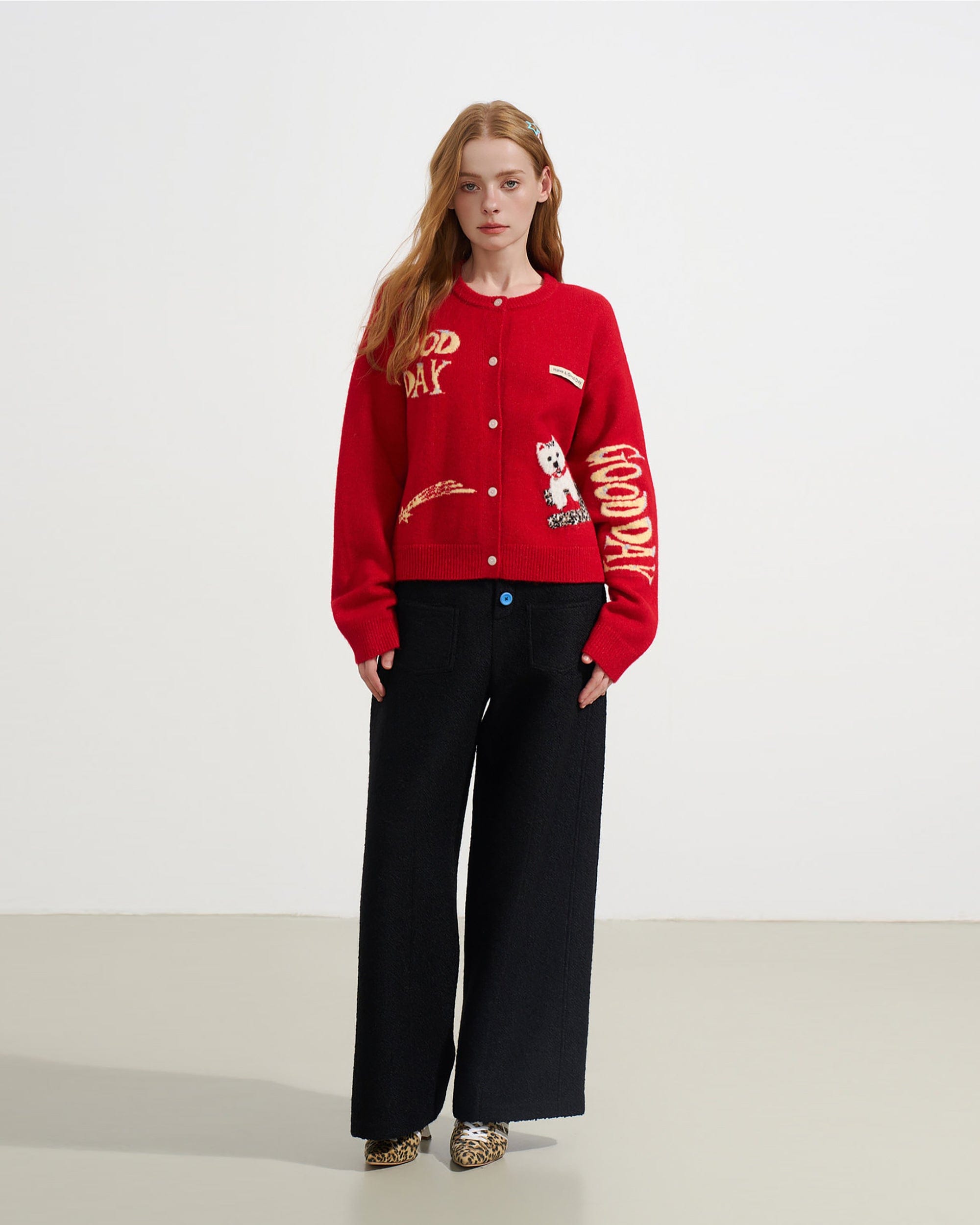 SOFITTE Wool-Blend Color Button Wide-Leg Pants