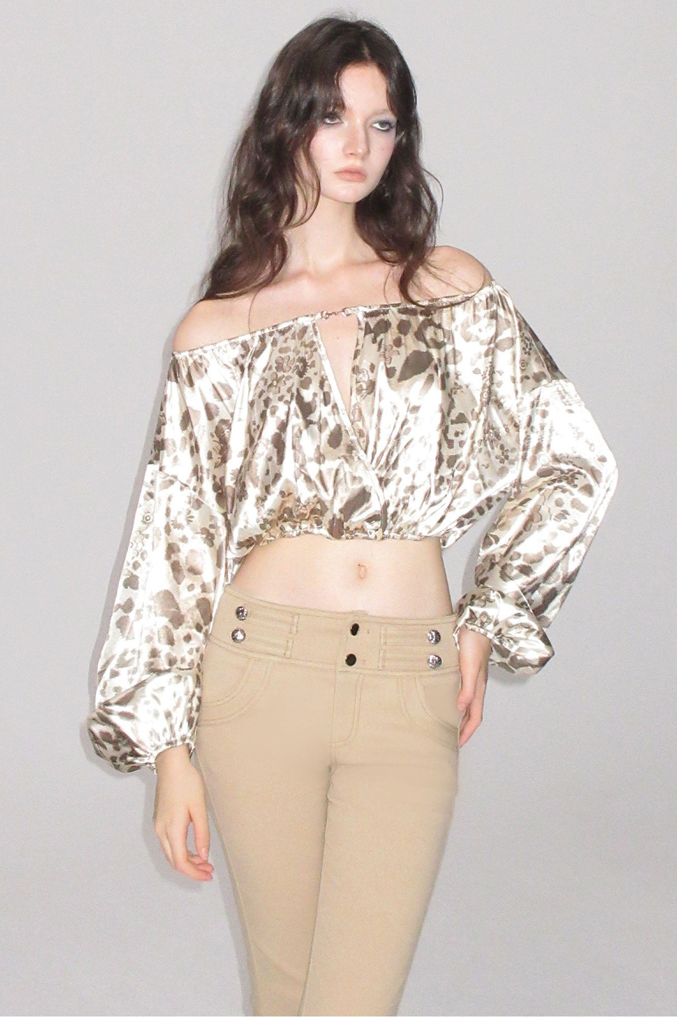 AE30 SAINT Leopard-Print Off-Shoulder Puff Sleeve Shirt