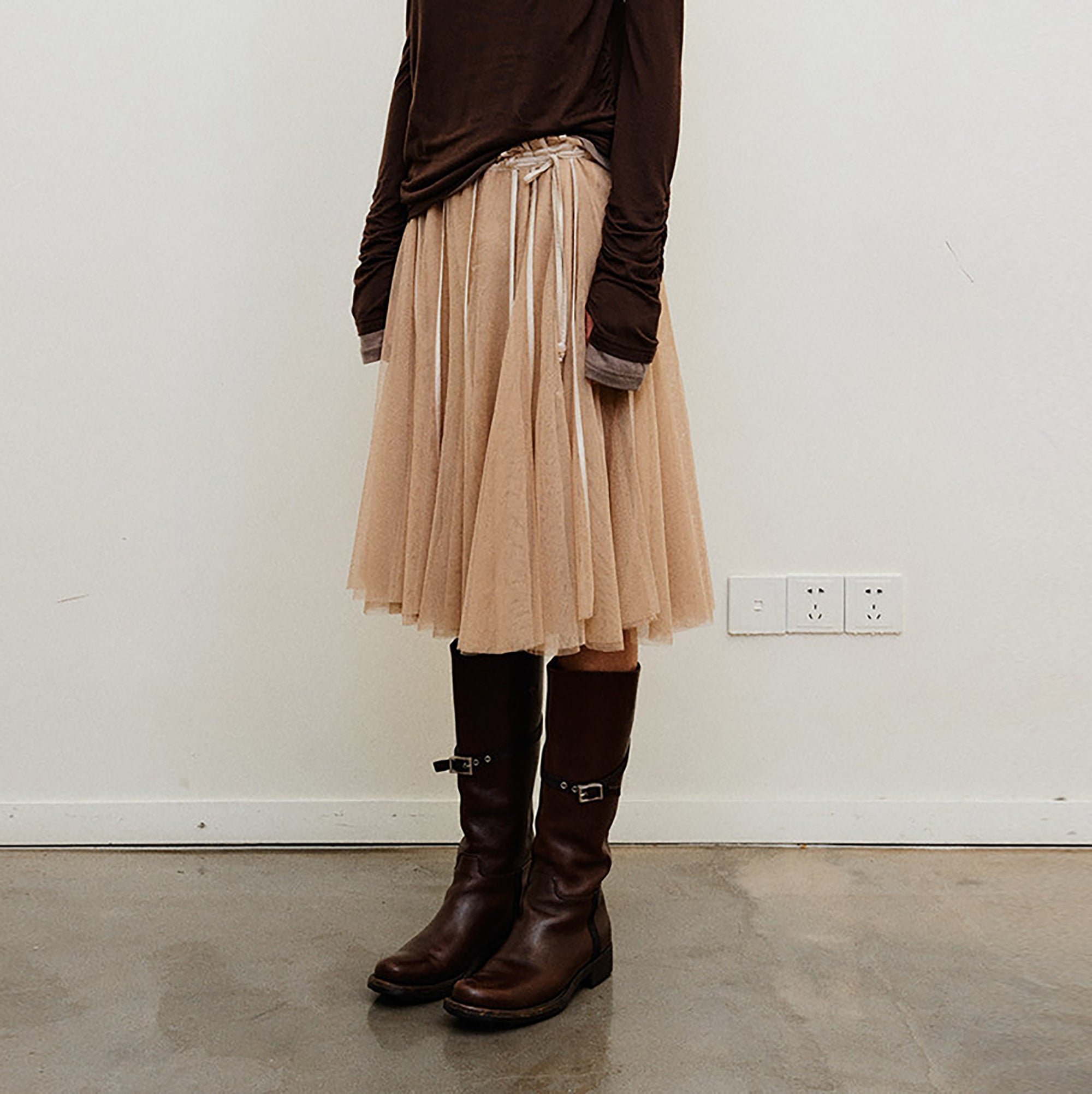 NEVERSEEZ Layered Tulle Pleated Midi Skirt