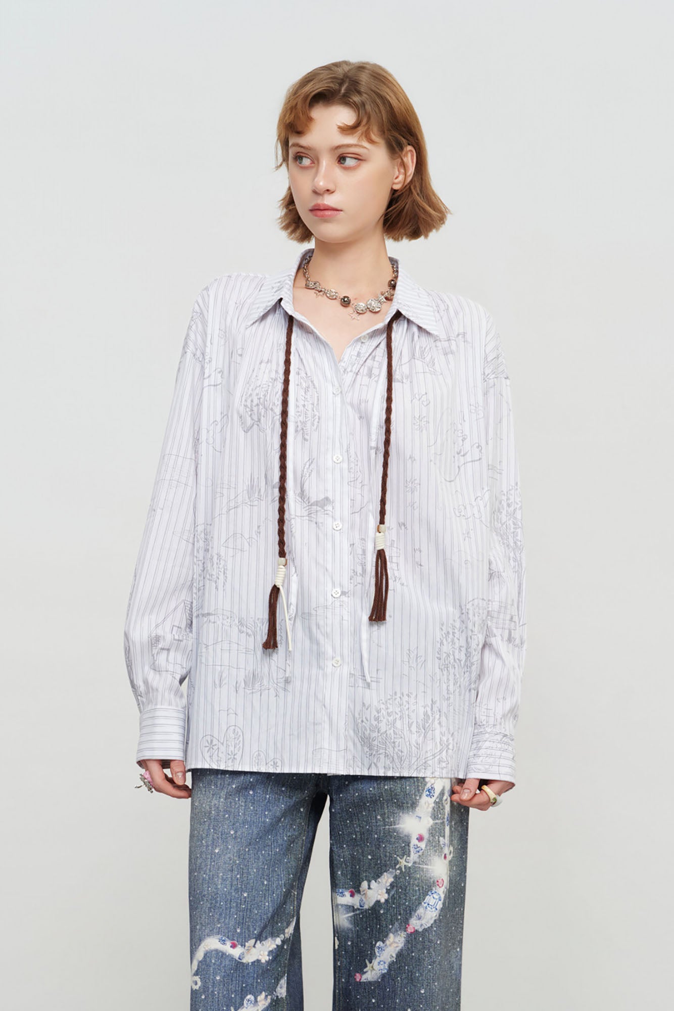 SOFITTE Pinstripe Sketch Full-Print Shirt with Tassel Ties