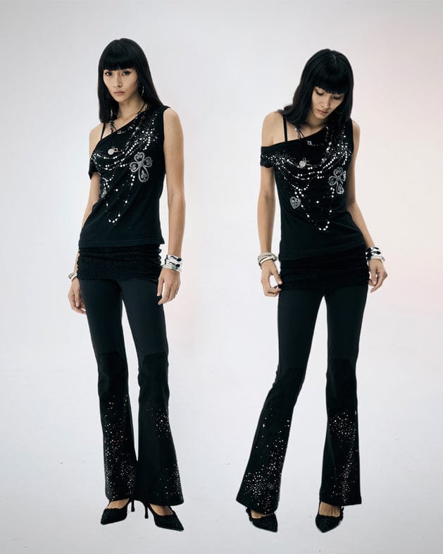 FAYCHUI Diamond & Lace Layered Waist Flared Pants