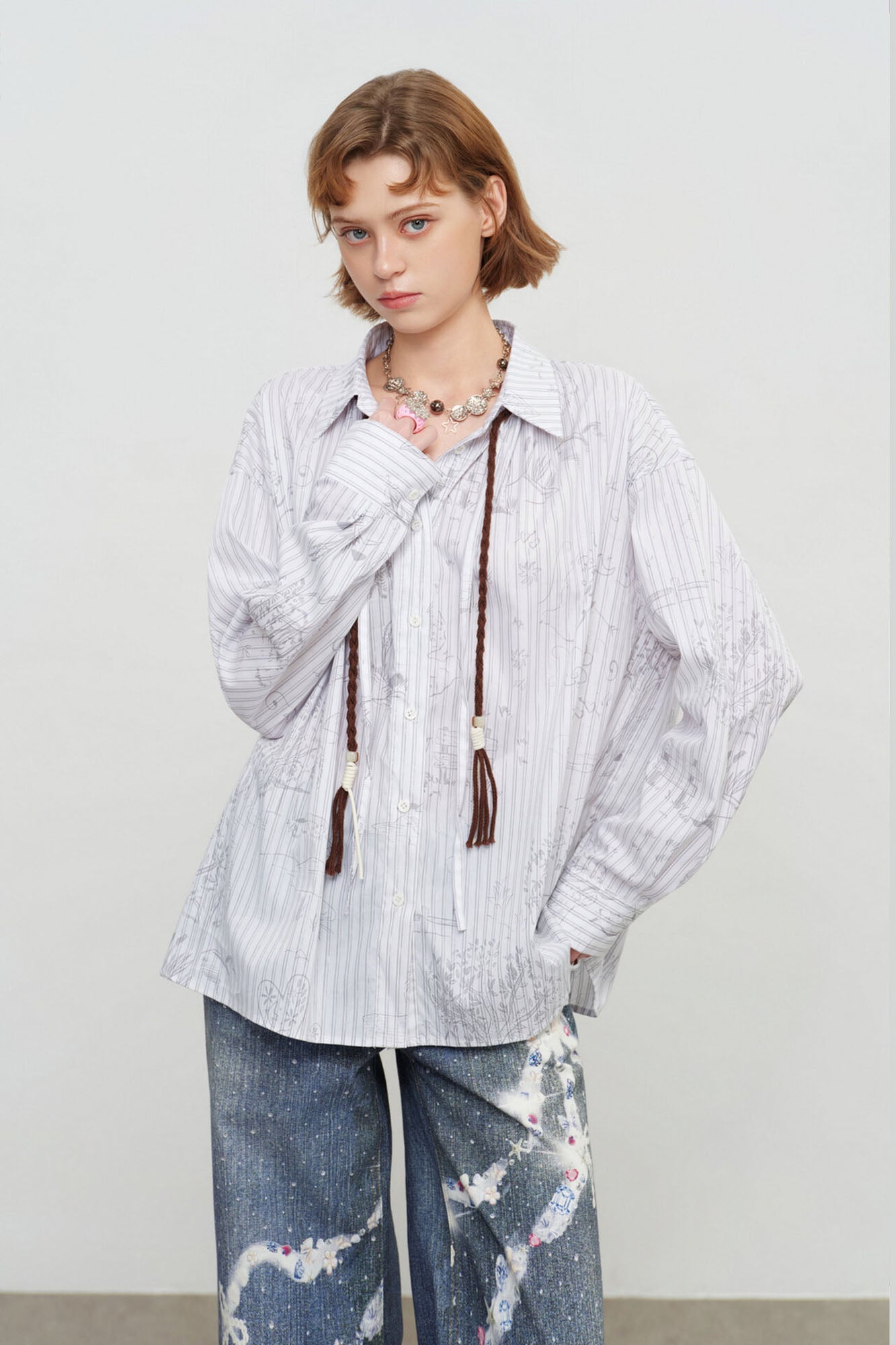 SOFITTE Pinstripe Sketch Full-Print Shirt with Tassel Ties