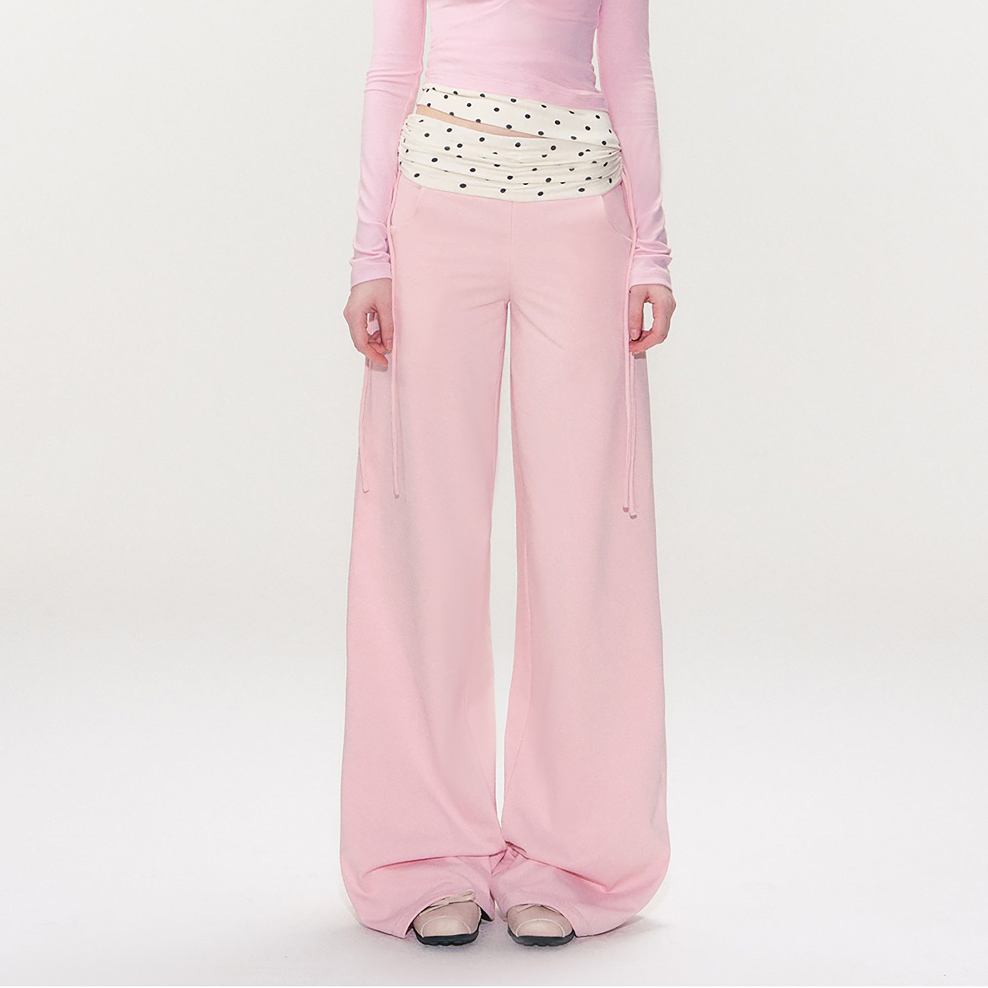 THE NEVERMORE Spliced Polka Waist Drawstring Straight-Leg Pants
