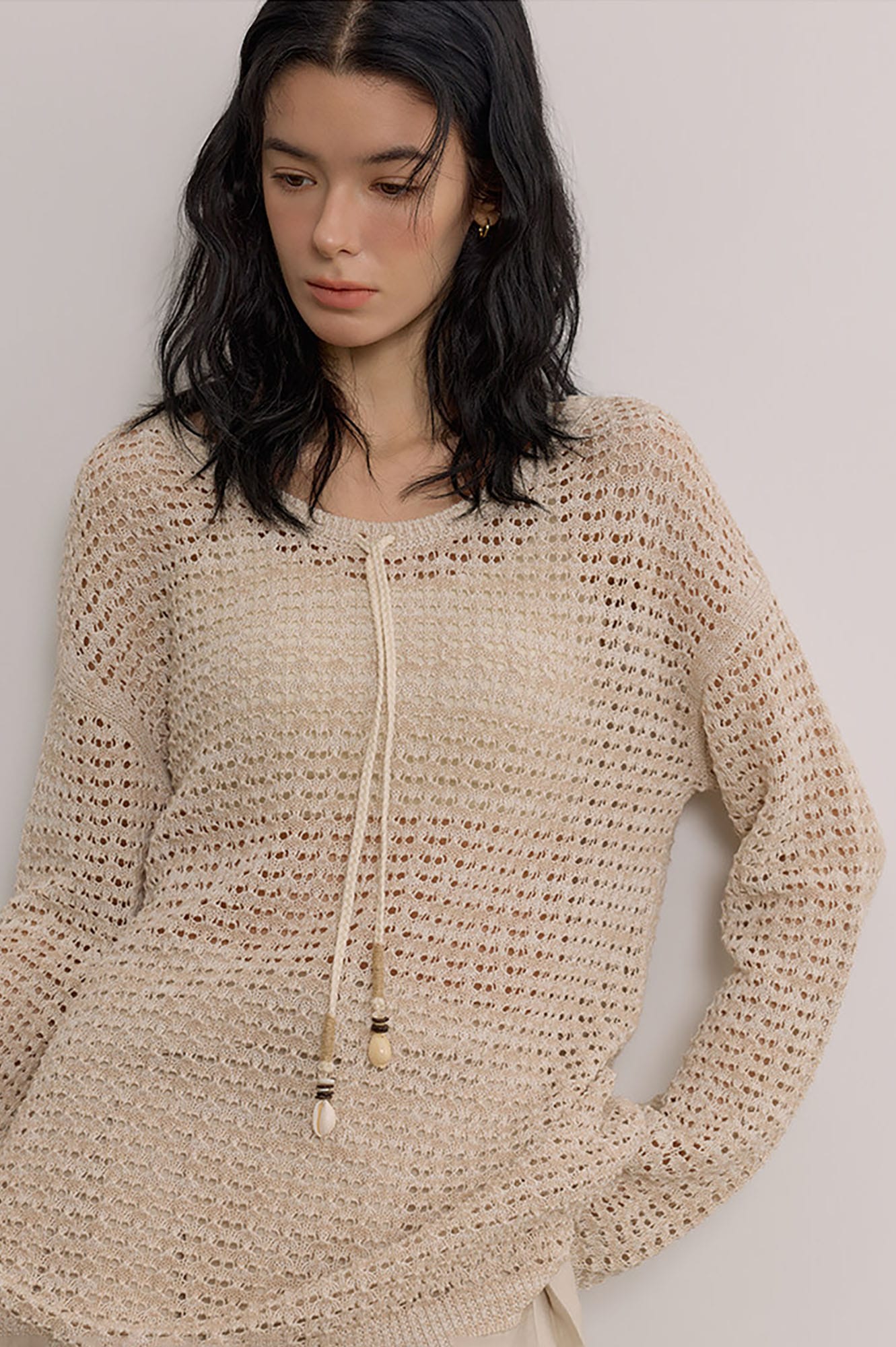 SAME FLOW Open-Knit Drawstring Oversized Sweater