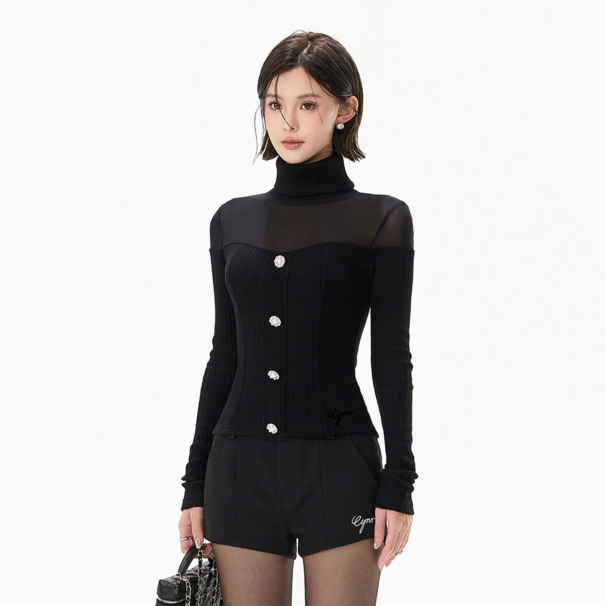CYNR Sheer Yoke Ribbed Turtleneck Button Top