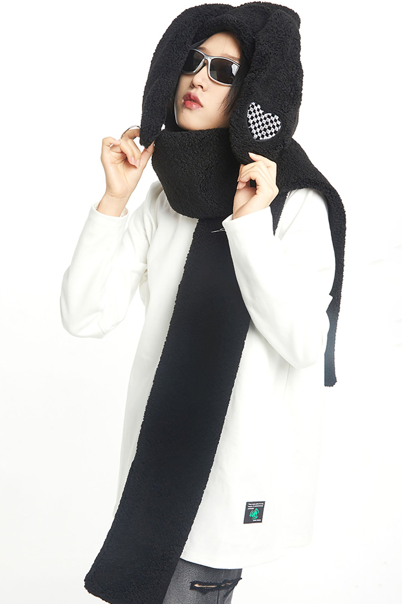 WHYNOTDANCE Plush Bunny-Ear Hooded Scarf