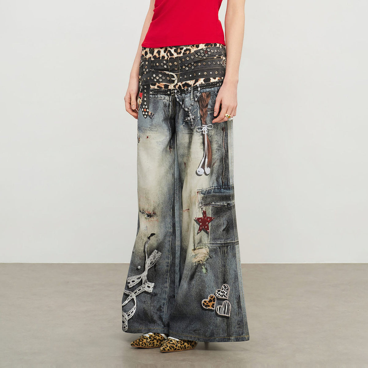 SOFITTE Leopard Waistband Trompe-L’Oeil Oversized Jeans