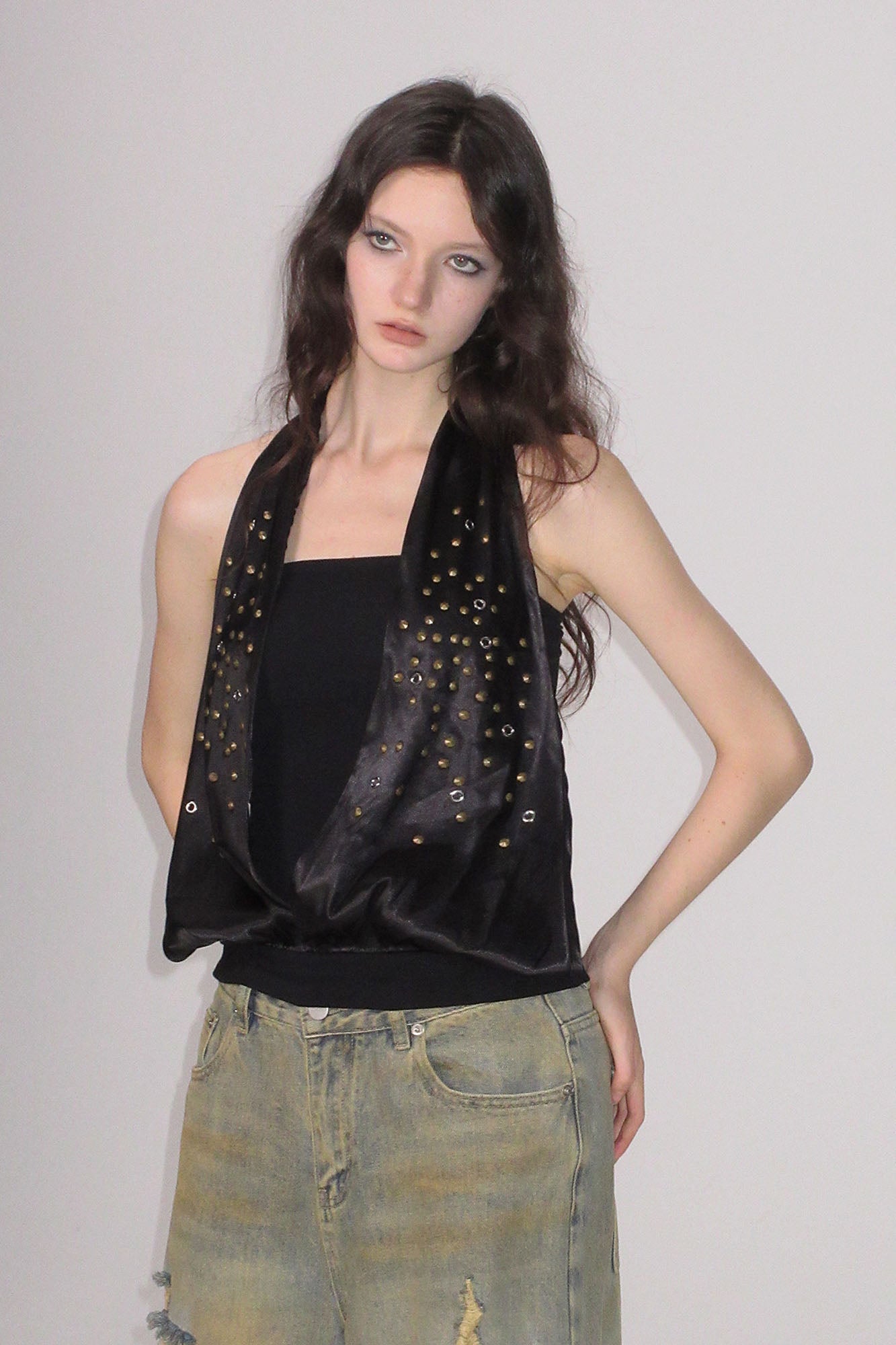 AE30 SAINT Studded Spliced Halter Tank Top
