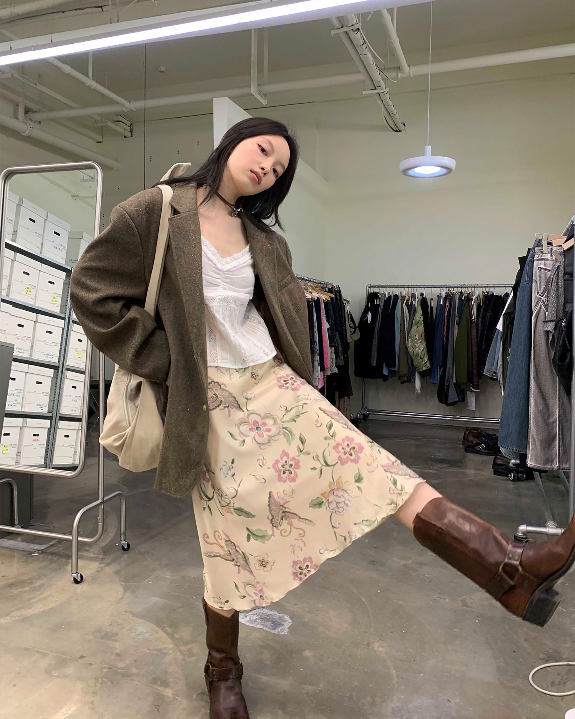 NEVERSEEZ Retro Wavy Hem Floral Skirt
