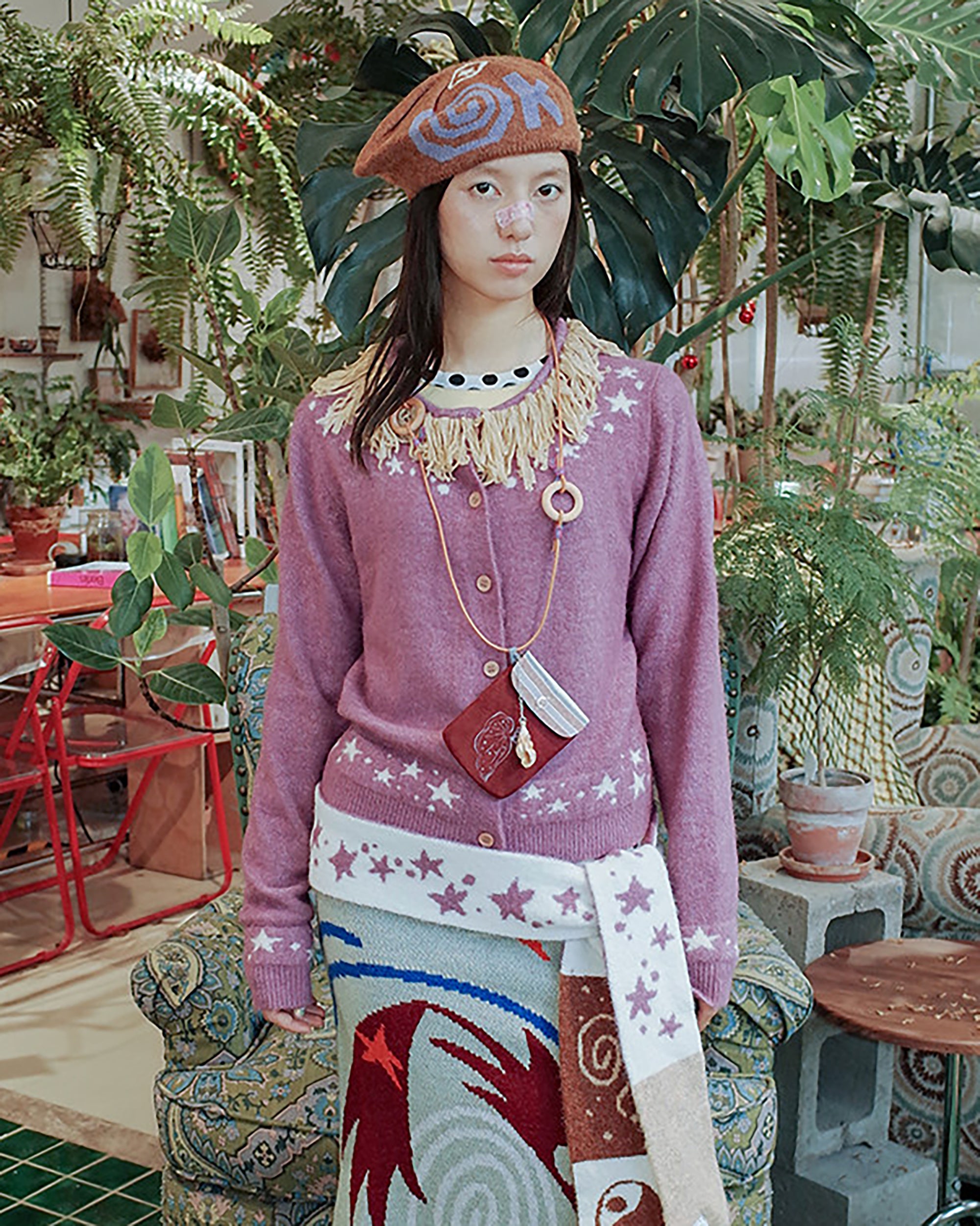 UNSOCIAL NIGHT Fringed Collar Star Jacquard Knit Cardigan