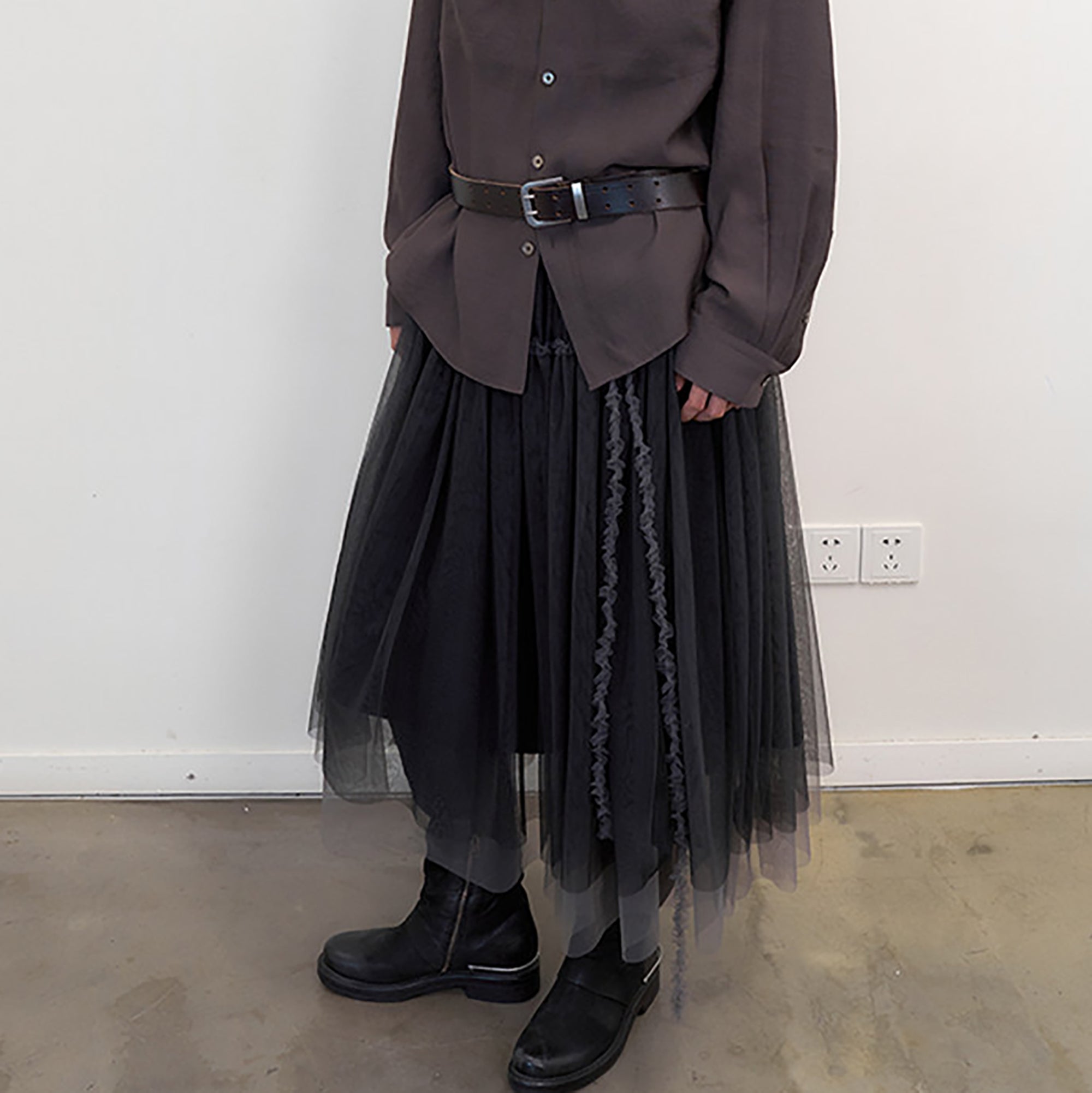 NEVERSEEZ Layered Sheer Mesh Pleated Midi Skirt