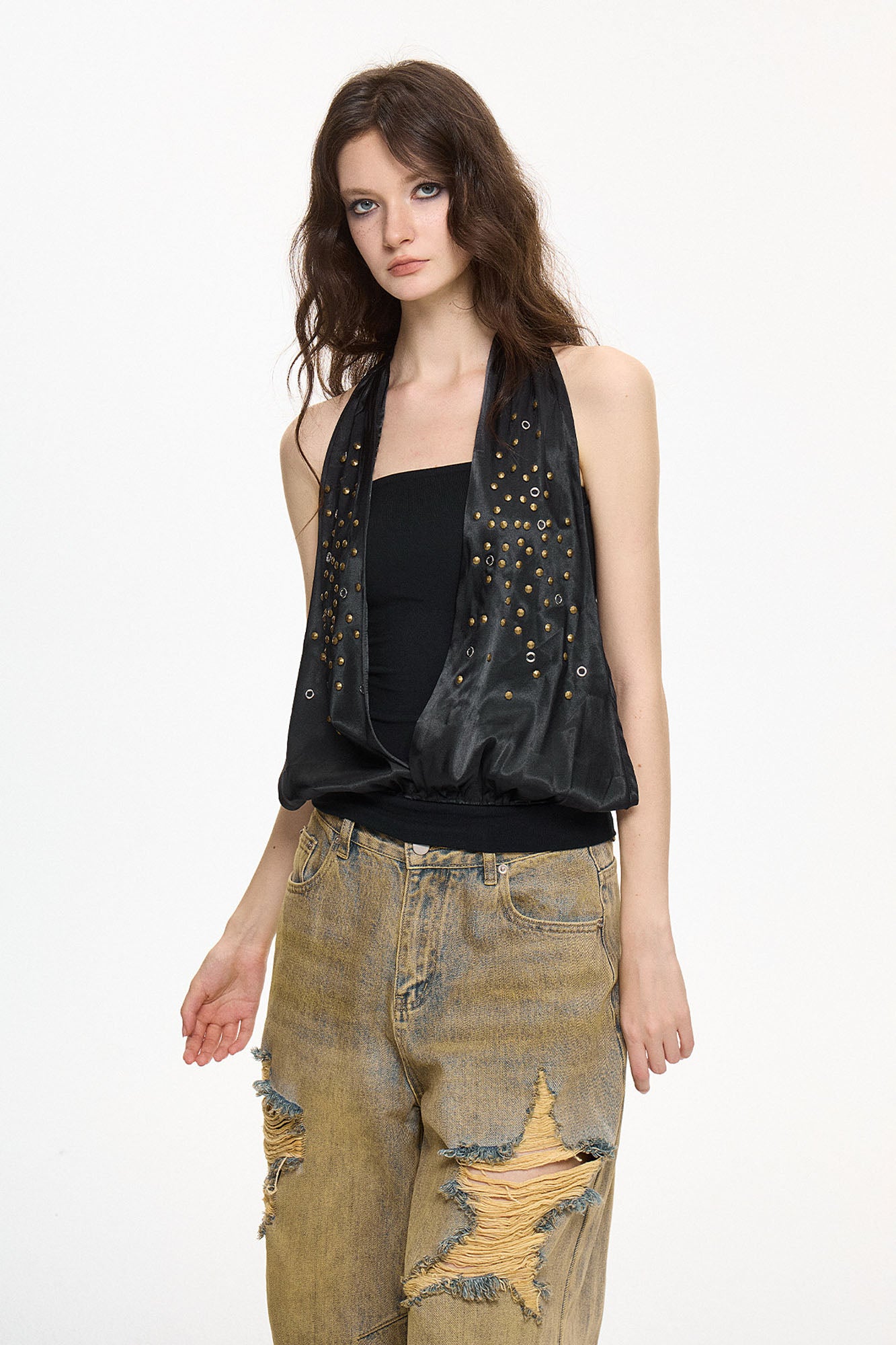 AE30 SAINT Studded Spliced Halter Tank Top