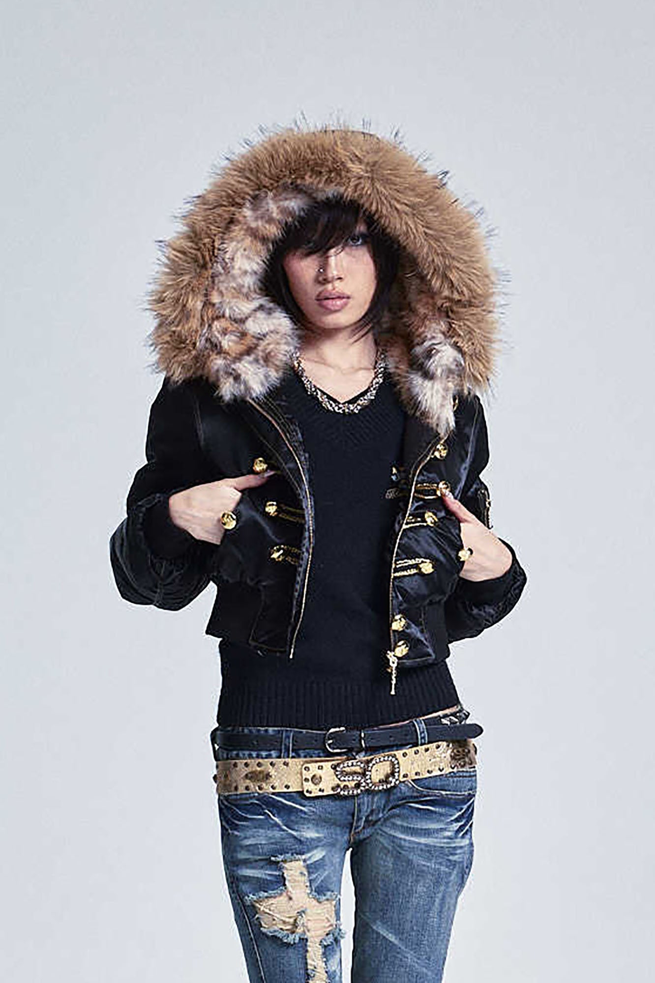 NONAME SPACE Retro Gold-Button Fur-Trim Bomber Jacket