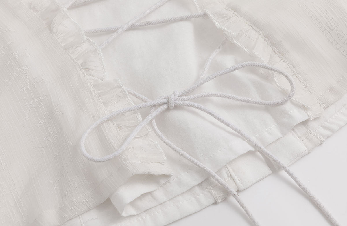CESTNOUS Lace Ruffle Cinched-Waist Chiffon Spliced Shirt