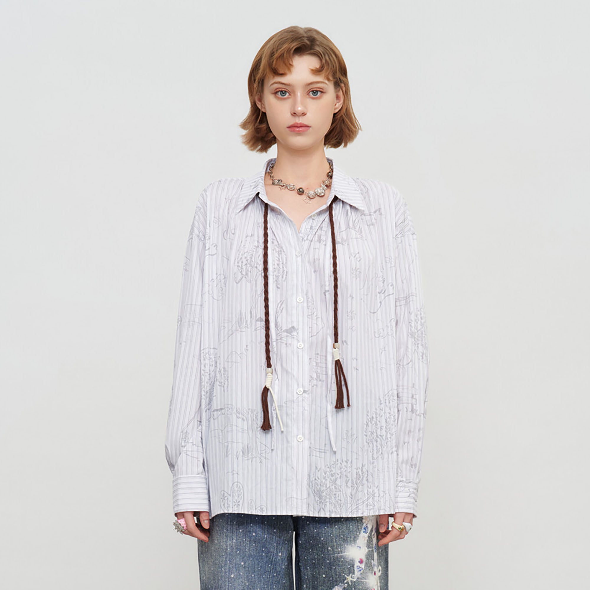 SOFITTE Pinstripe Sketch Full-Print Shirt with Tassel Ties
