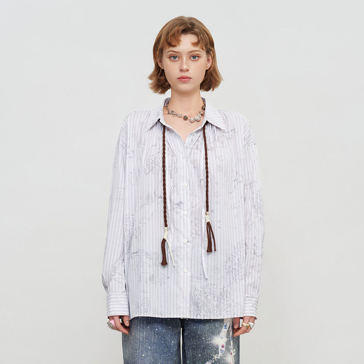 SOFITTE Pinstripe Sketch Full-Print Shirt with Tassel Ties