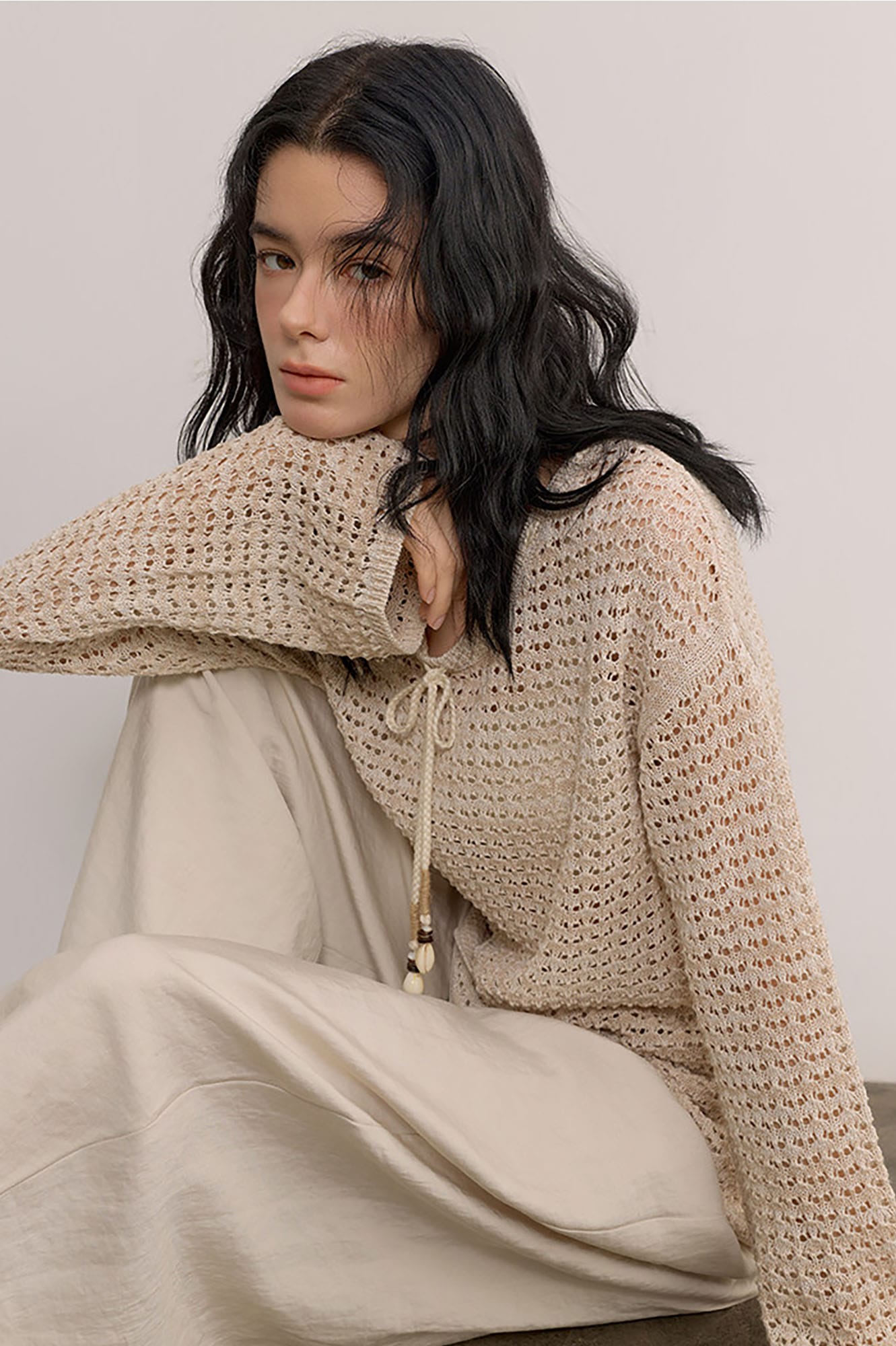 SAME FLOW Open-Knit Drawstring Oversized Sweater