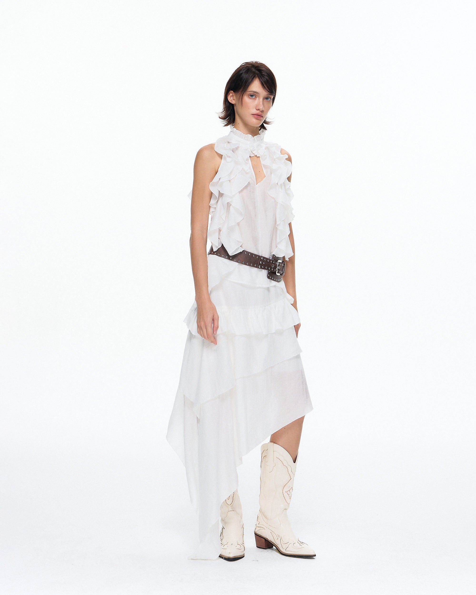 10AMSOTIIIIIIRED Tiered Ruffle Sleeveless Top & Asymmetric Skirt Set