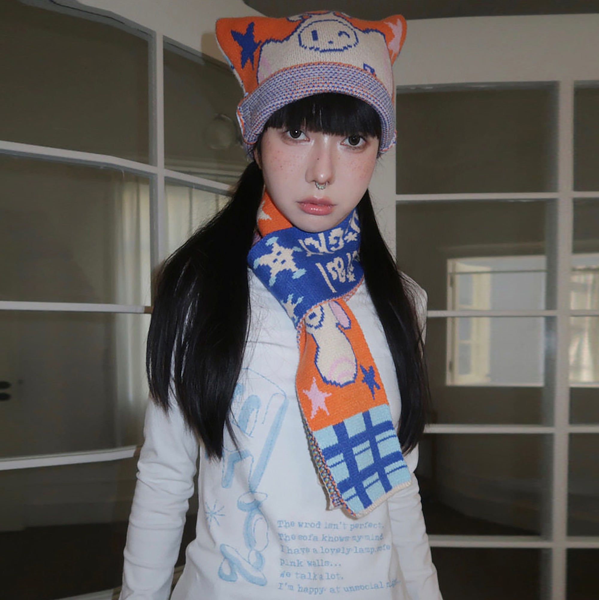UNSOCIAL NIGHT x OLIWA Playful Graphic Knit Scarf