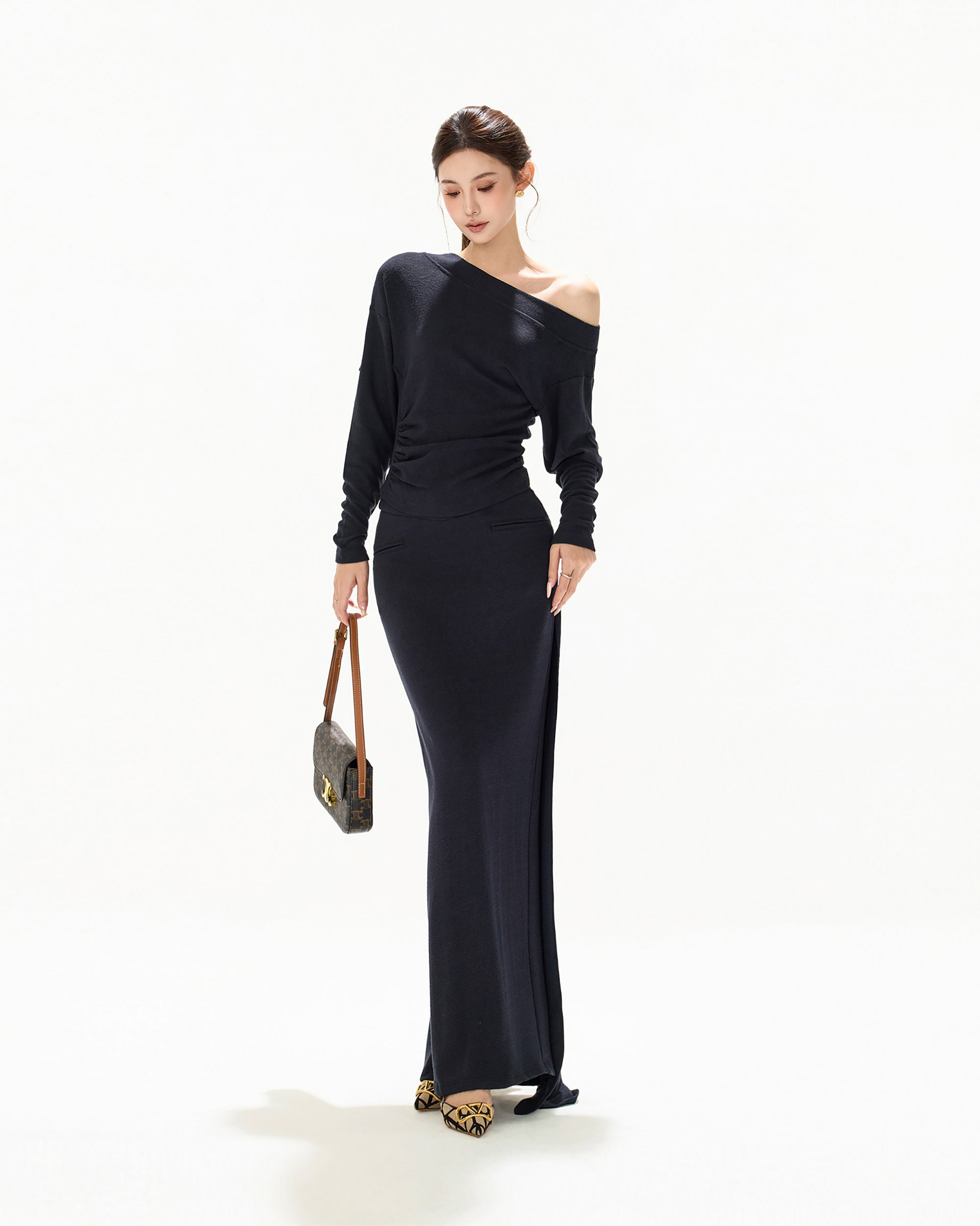 CYNR Ruched Waist Off-Shoulder Knit Set