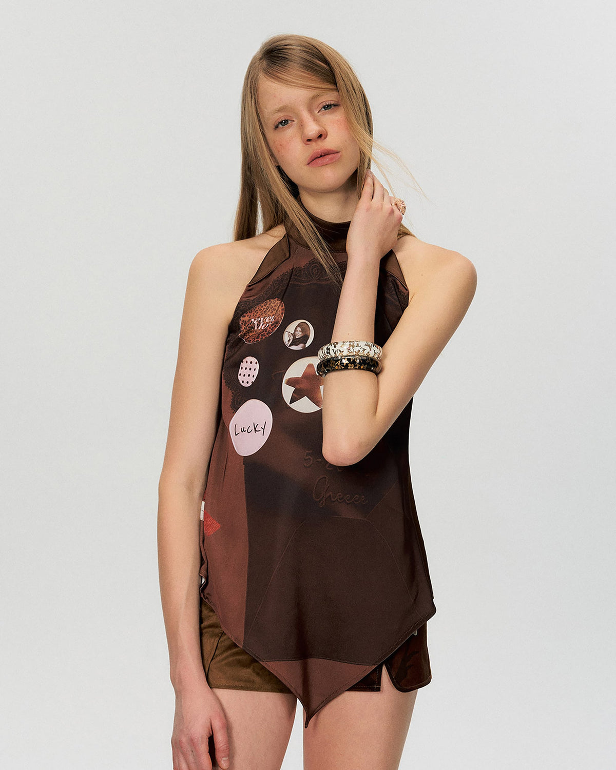 THE NEVERMORE Asym Hem Flip-Collar Graphics Sleeveless Top