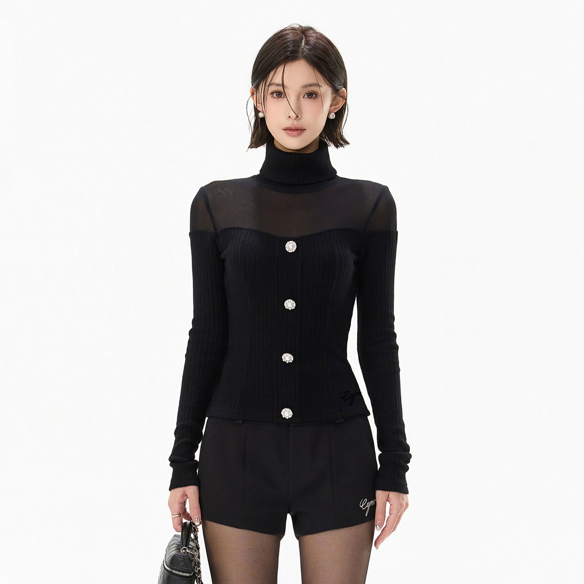 CYGNENOYR Sheer Yoke Ribbed Turtleneck Button Top