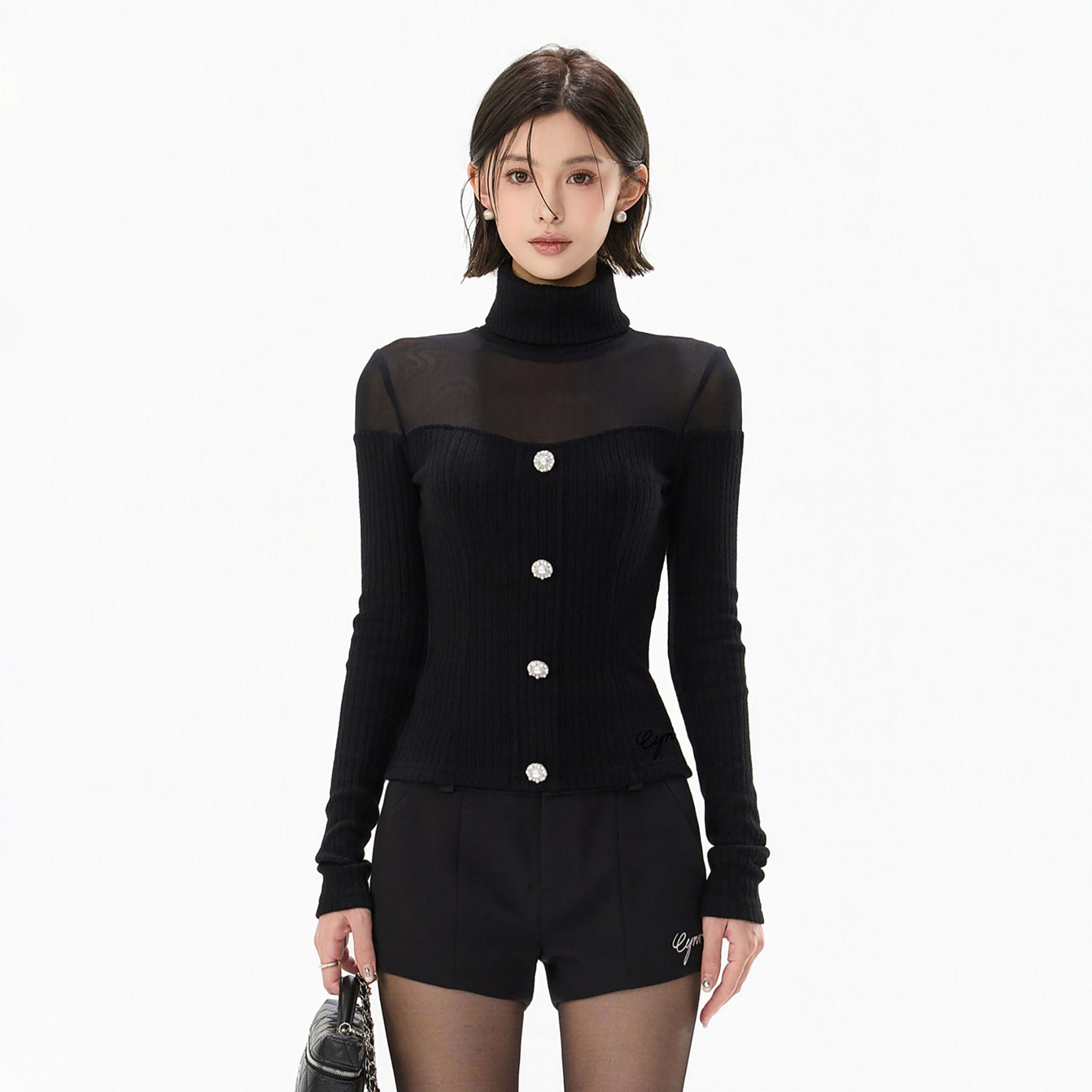 CYNR Sheer Yoke Ribbed Turtleneck Button Top