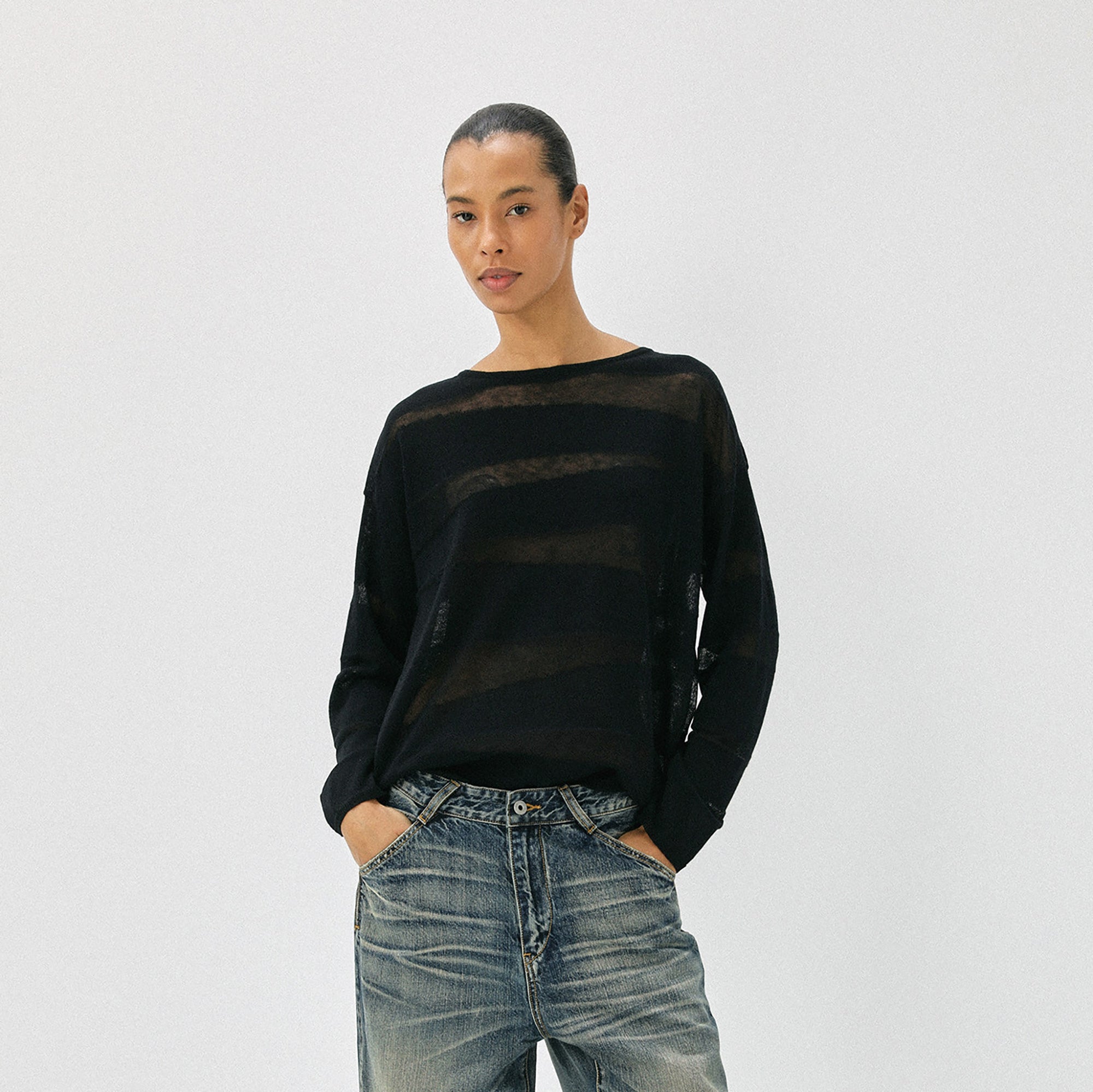 COMMAND N Sheer Textured Knit Long-Sleeve Tee