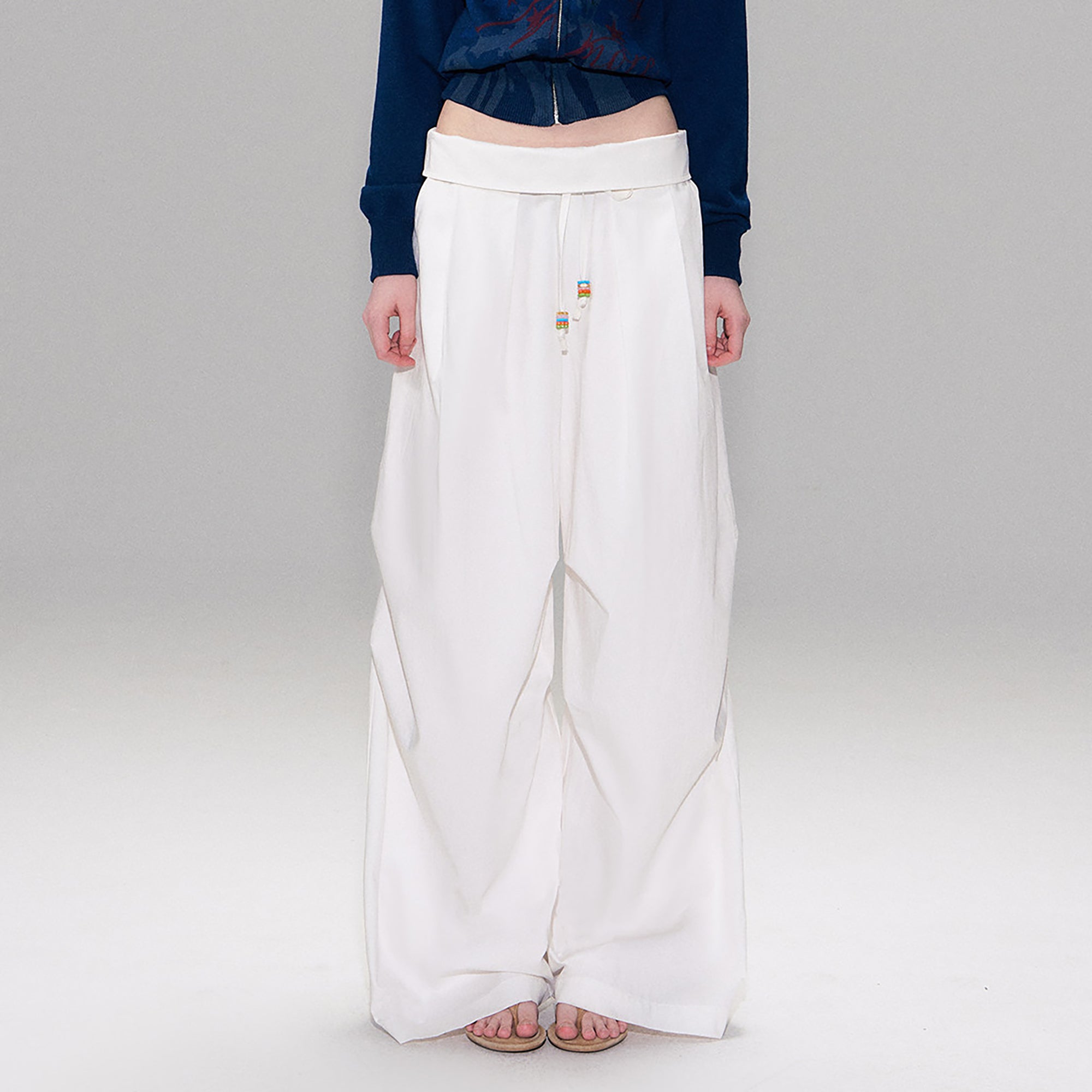 THE NEVERMORE Folded Waist Beaded Drawstring Wide-Leg Pants