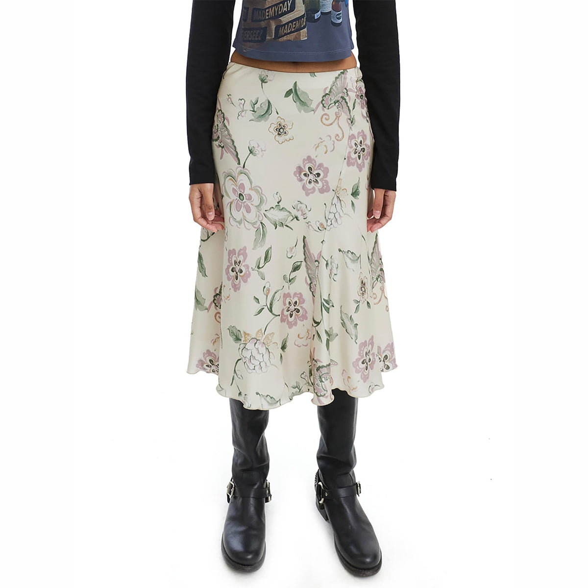 NEVERSEEZ Retro Wavy Hem Floral Skirt