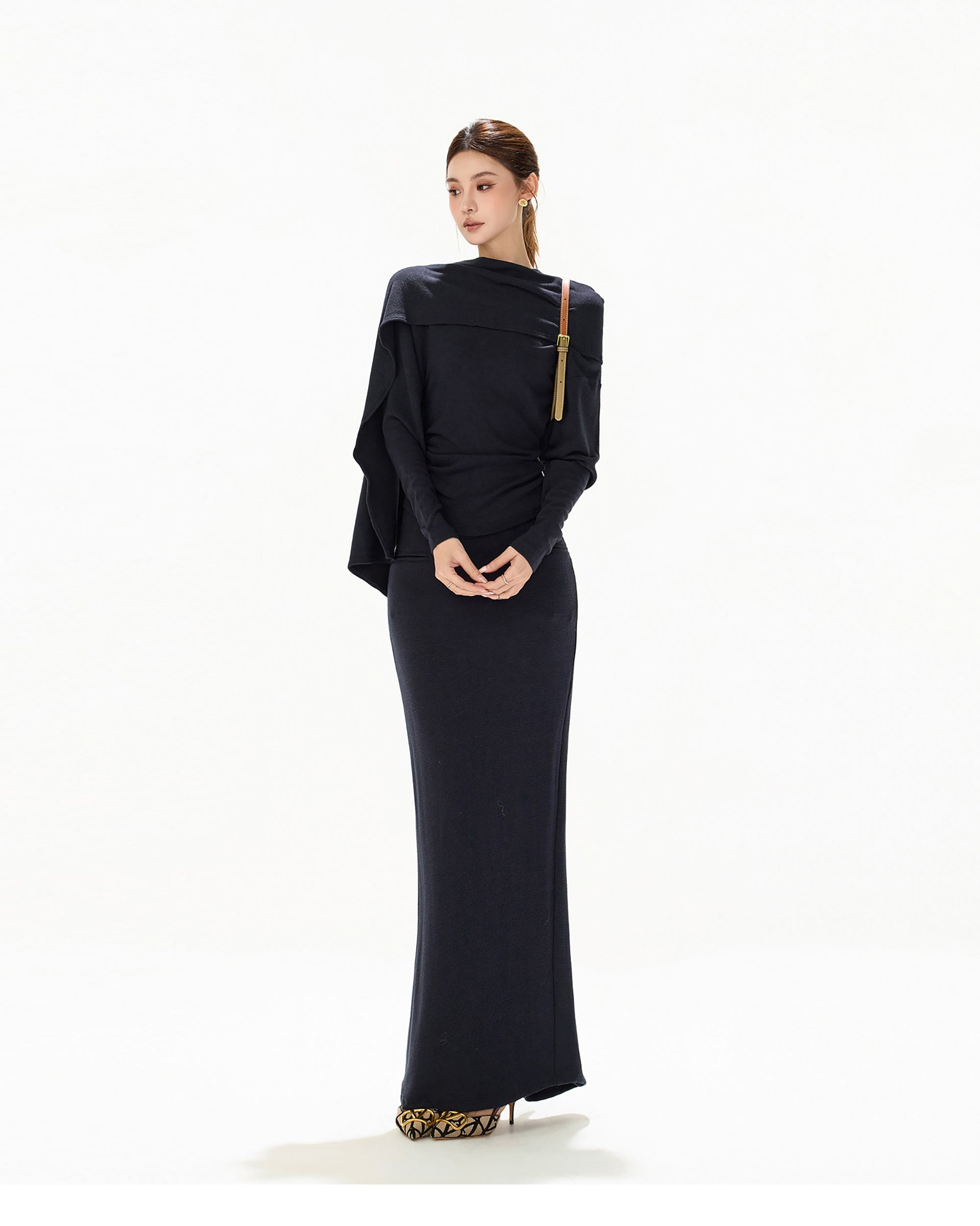 CYNR Ruched Waist Off-Shoulder Knit Set