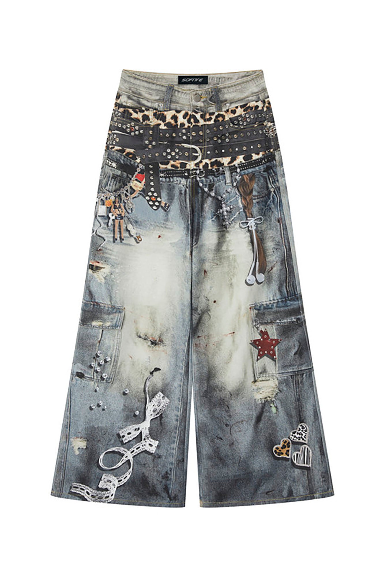 SOFITTE Leopard Waistband Trompe-L’Oeil Oversized Jeans