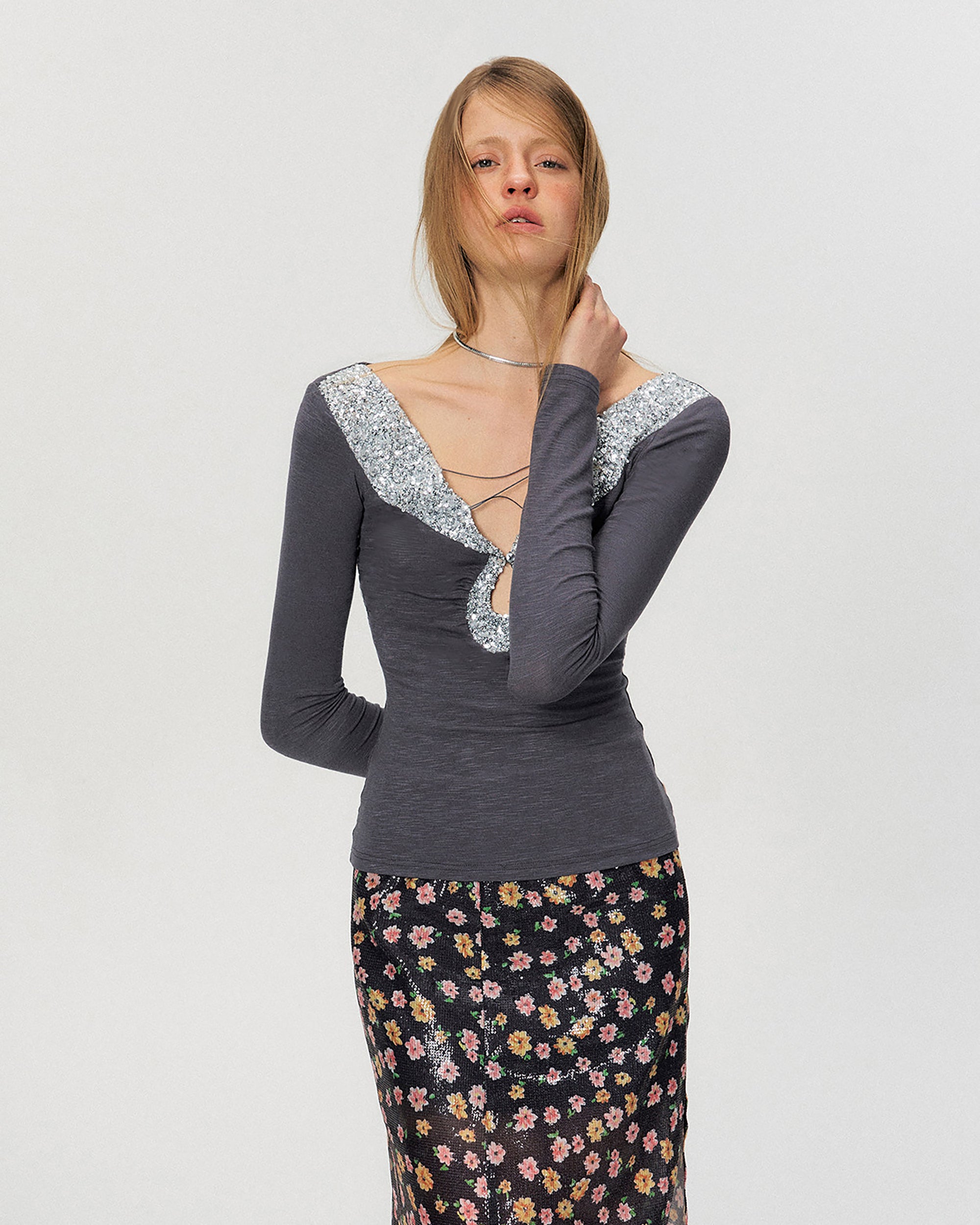 THE NEVERMORE Sequin-Trim Deep V Keyhole Long-Sleeve Top