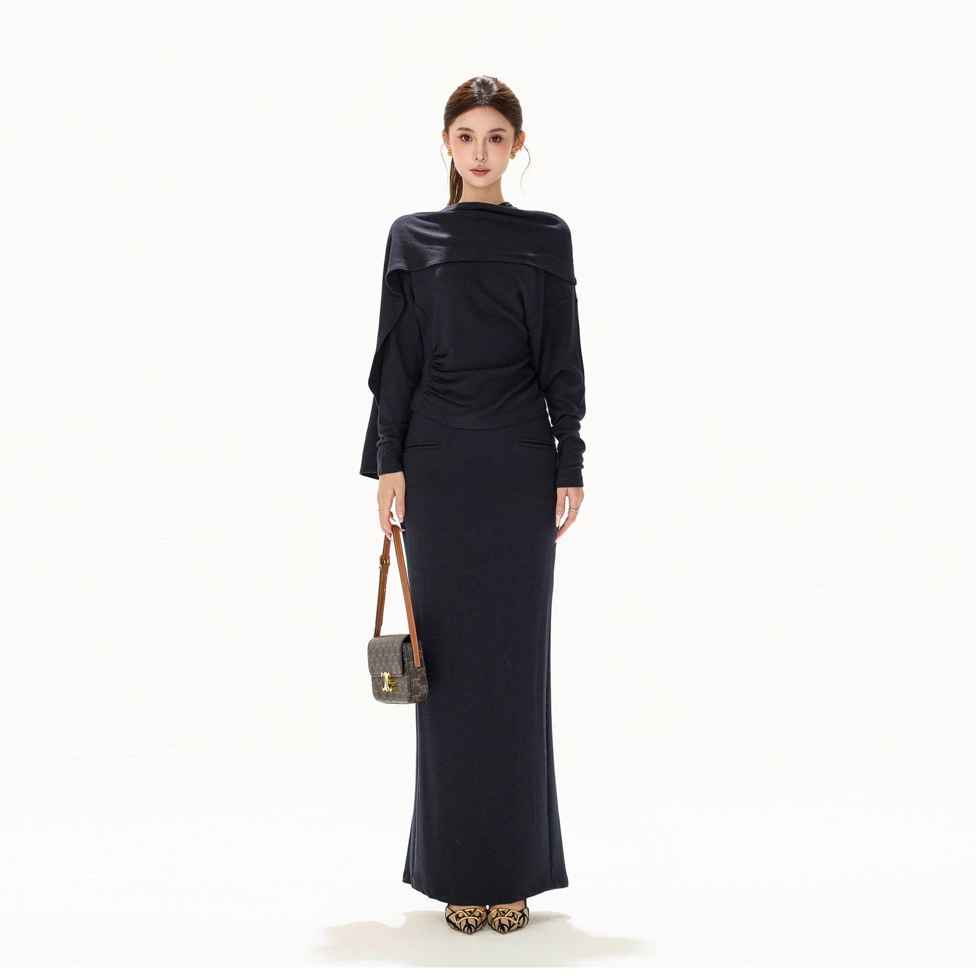 CYNR Ruched Waist Off-Shoulder Knit Set