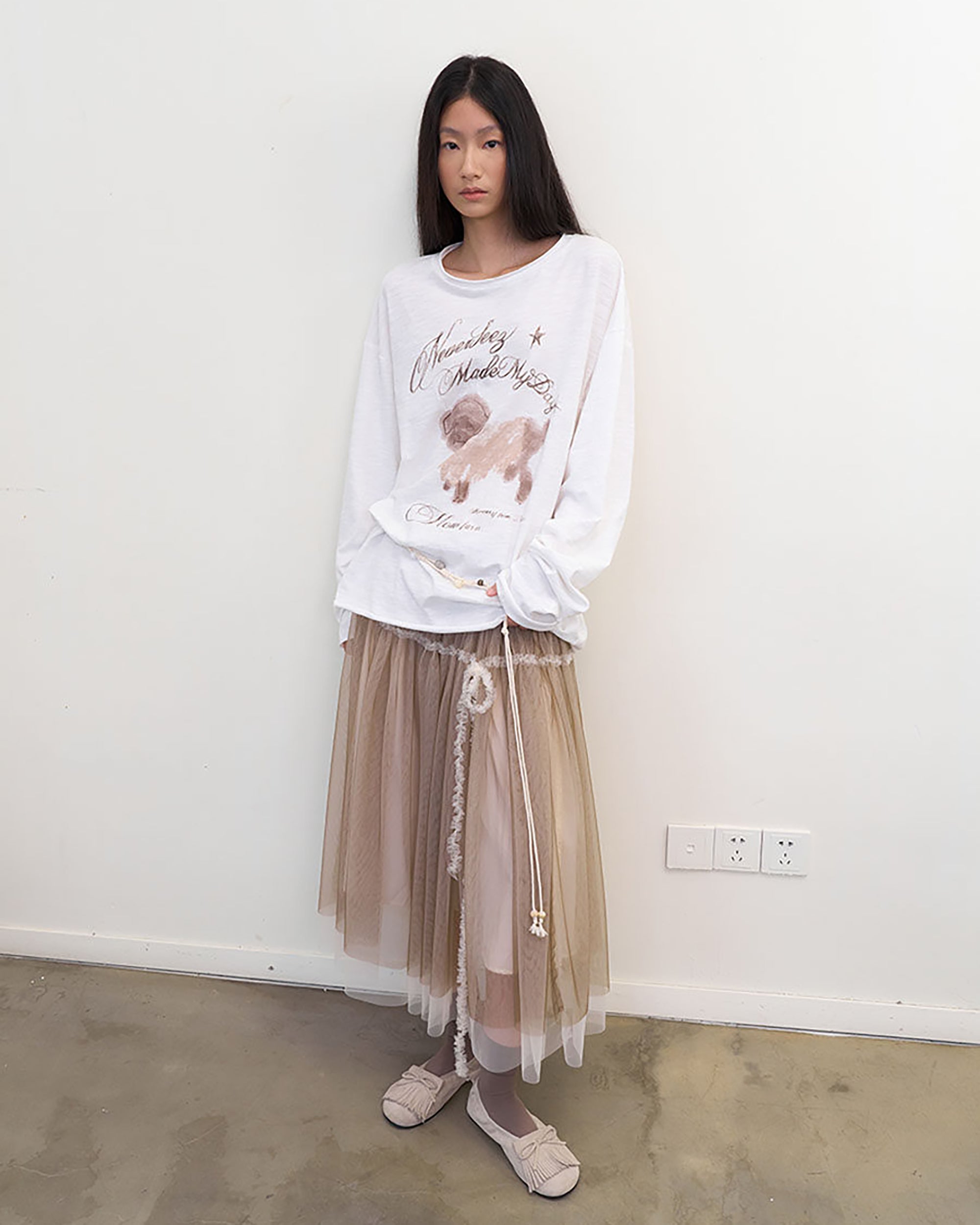 NEVERSEEZ Layered Sheer Mesh Pleated Midi Skirt