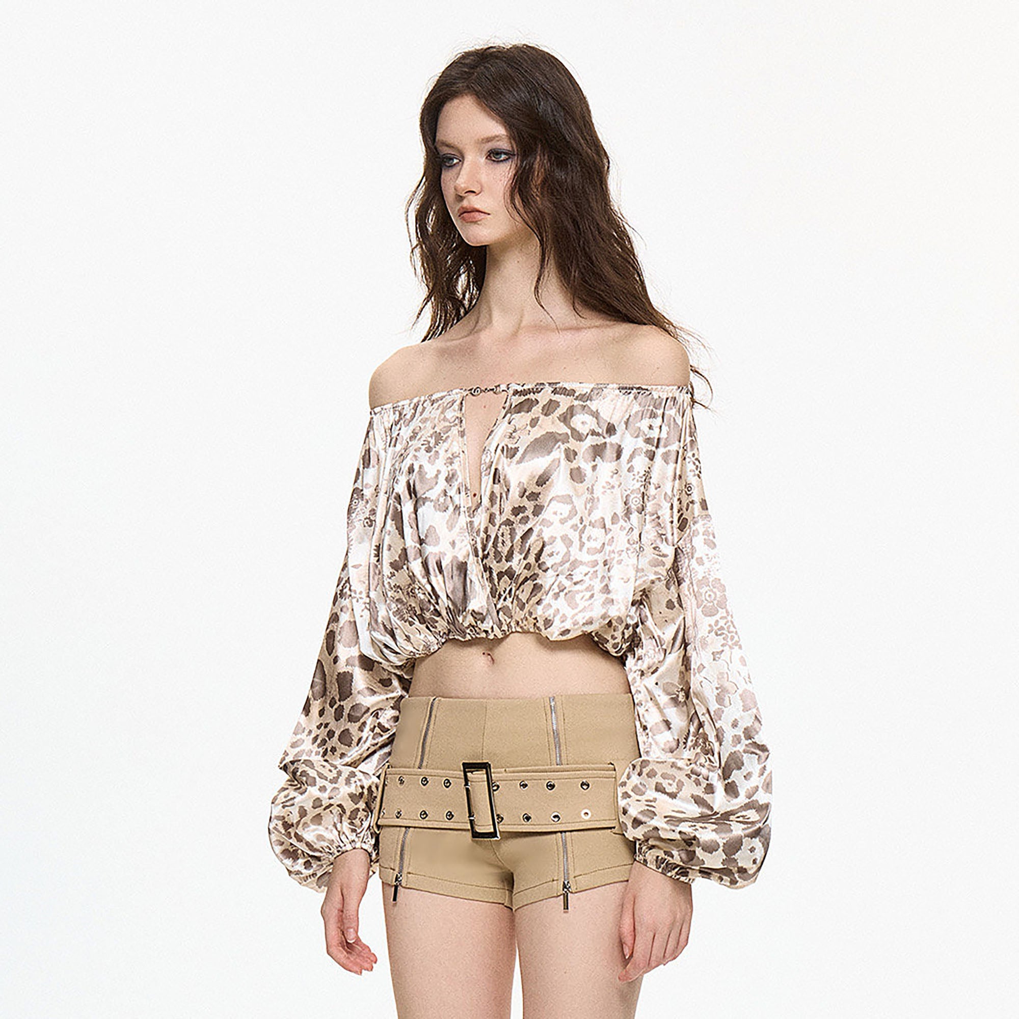 AE30 SAINT Leopard-Print Off-Shoulder Puff Sleeve Shirt