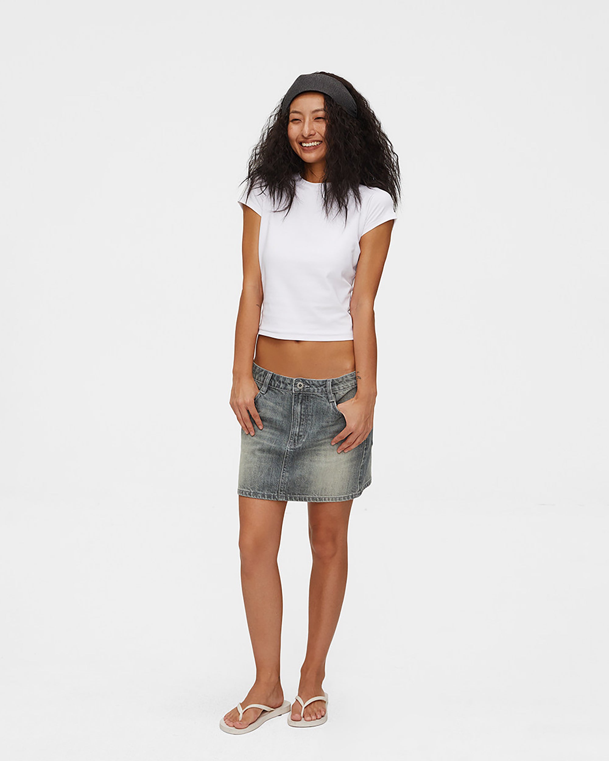 COMMAND N Washed Grey Low-Rise Denim Skirt