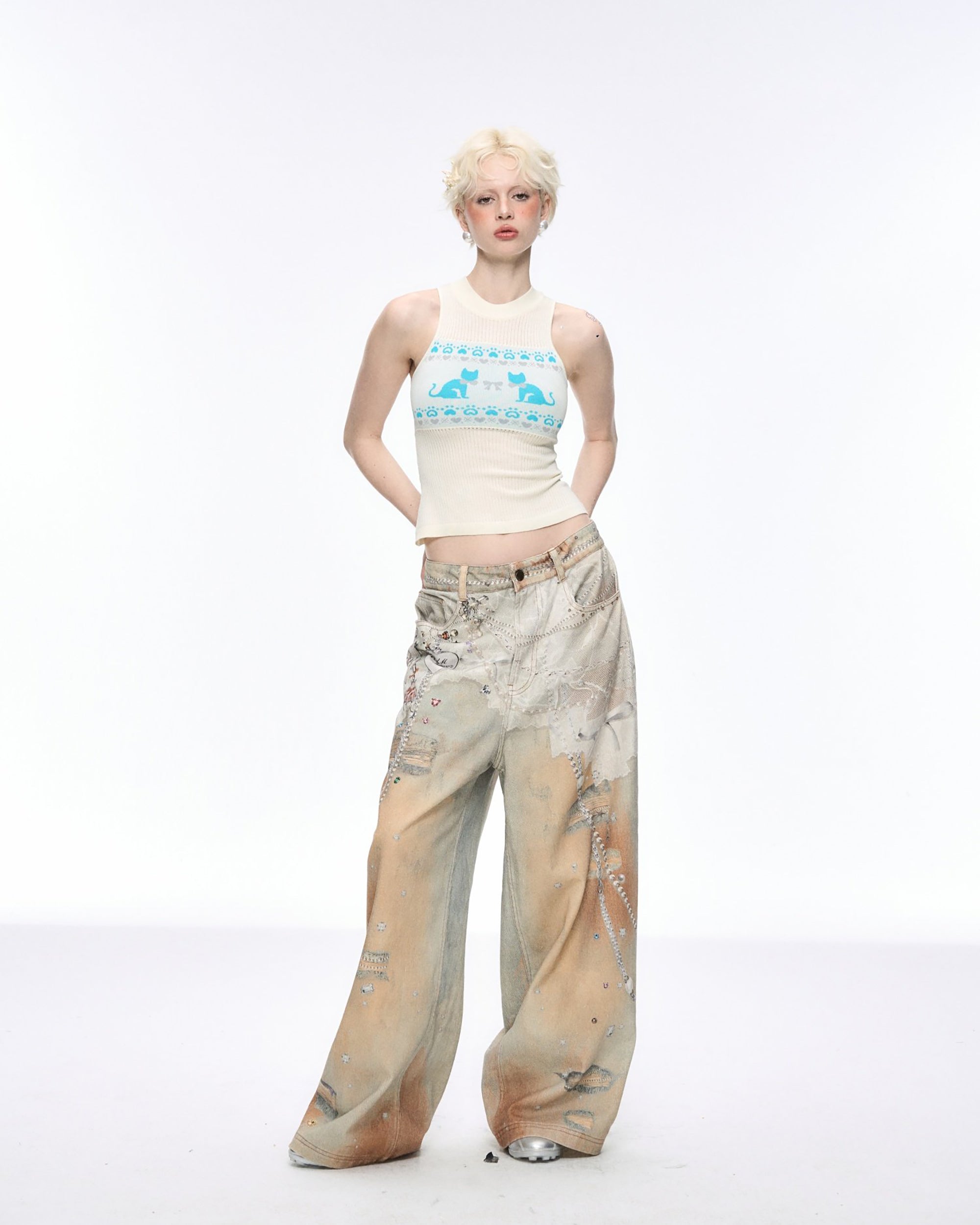 10AMSOTIIIIIIRED Lace Chain Print Studded Wide-Leg Jeans
