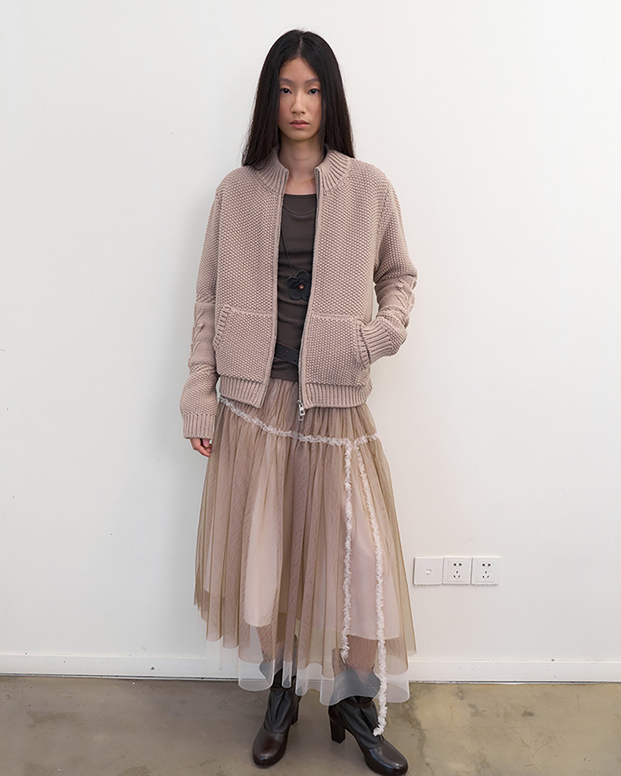 NEVERSEEZ Layered Sheer Mesh Pleated Midi Skirt