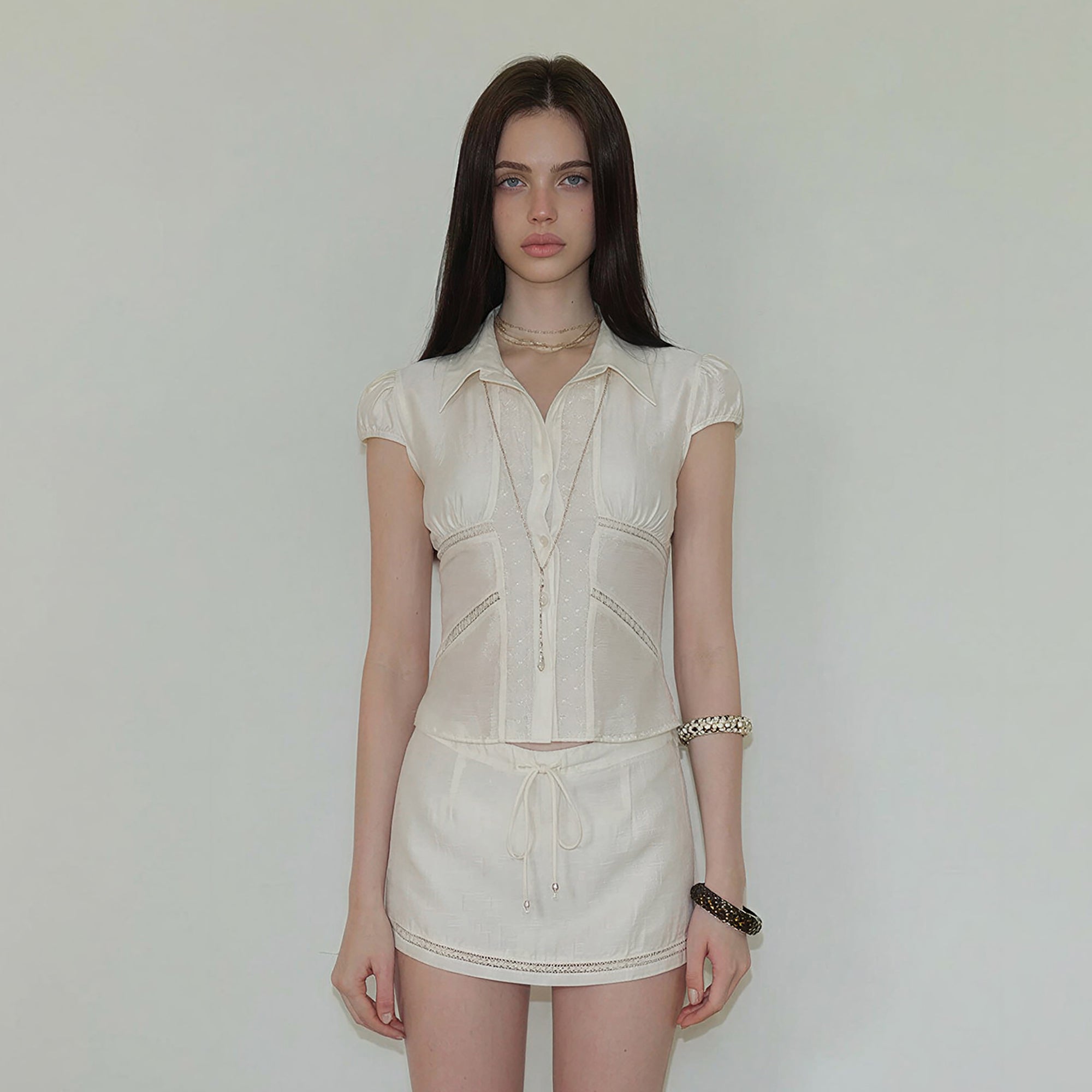 THE NEVERMORE Lace-Spliced Acetate Shirt And Drawstring Mini Skirt Set