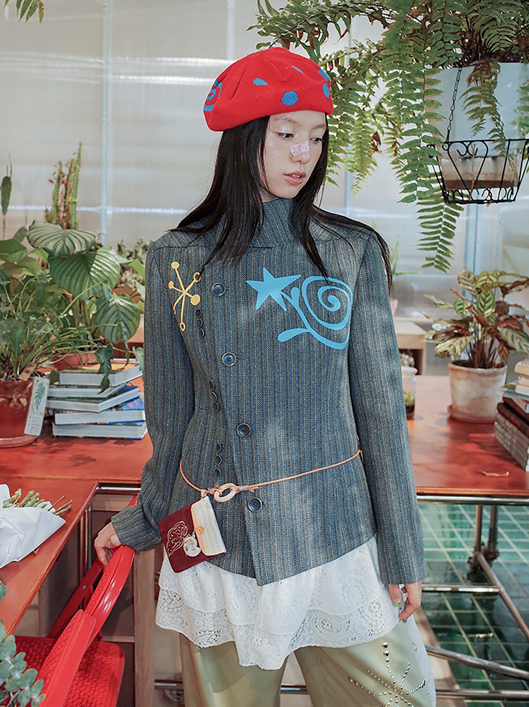 UNSOCIAL NIGHT Asym Placket Detachable Lace Trim Jacket