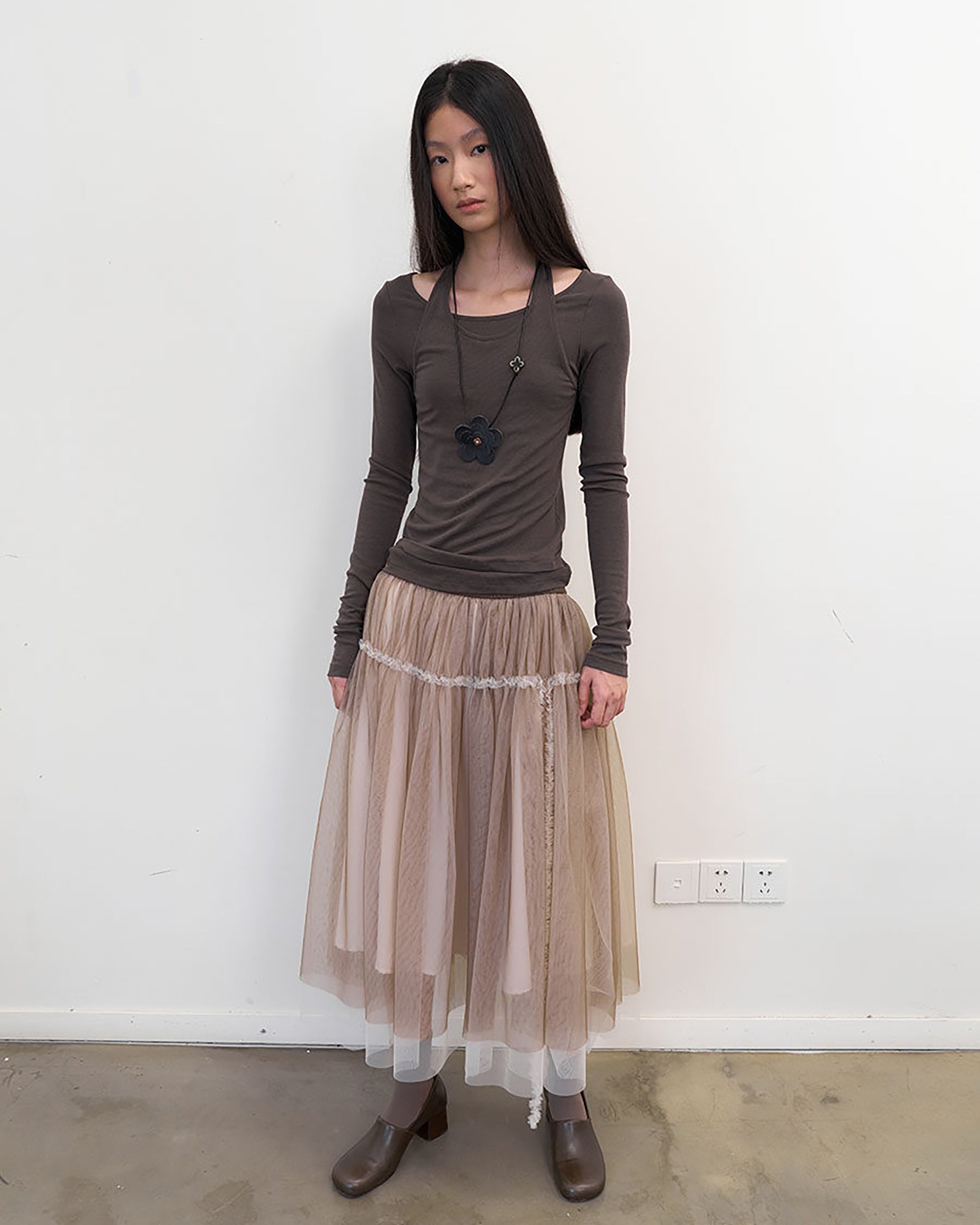 NEVERSEEZ Layered Sheer Mesh Pleated Midi Skirt