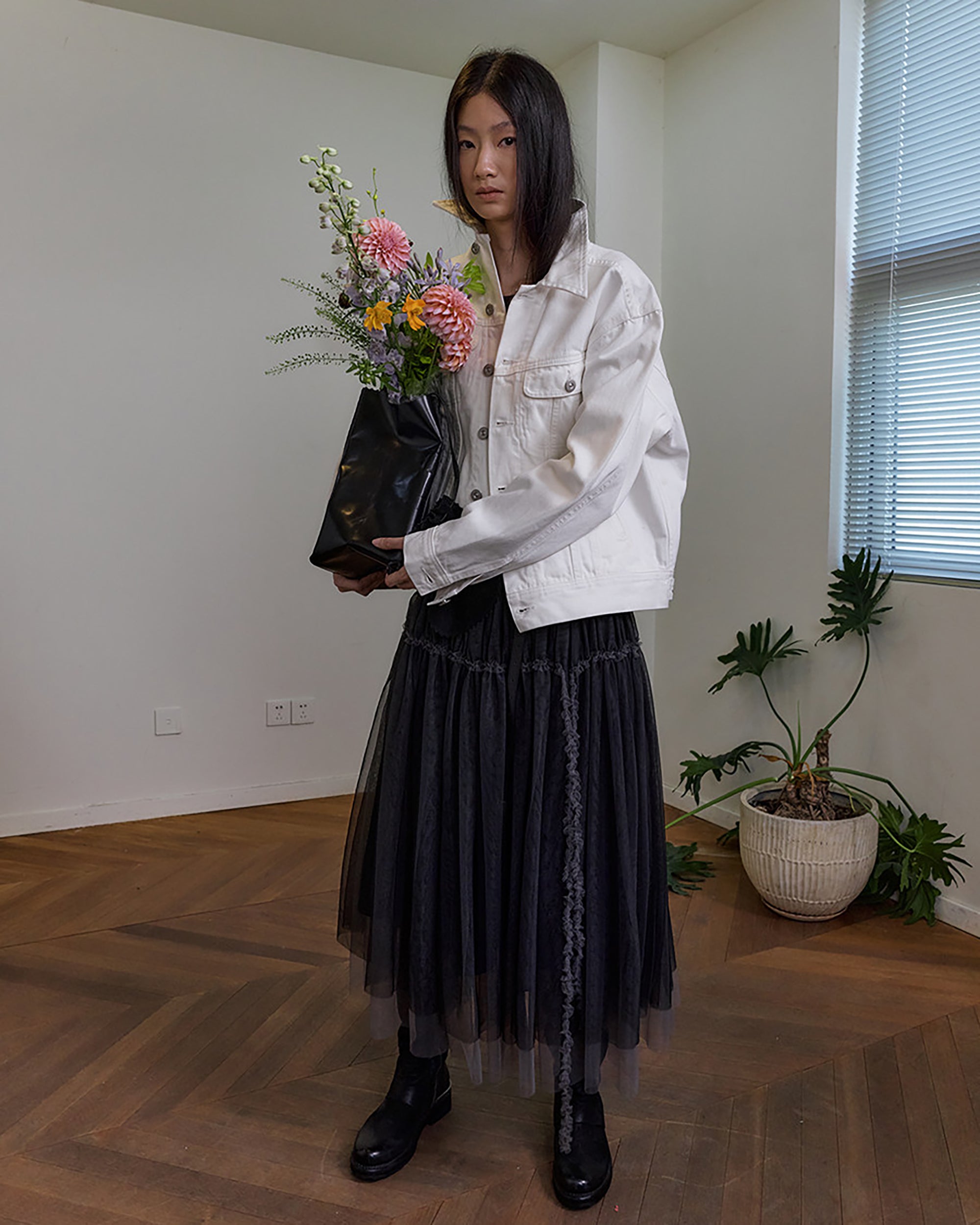 NEVERSEEZ Layered Sheer Mesh Pleated Midi Skirt